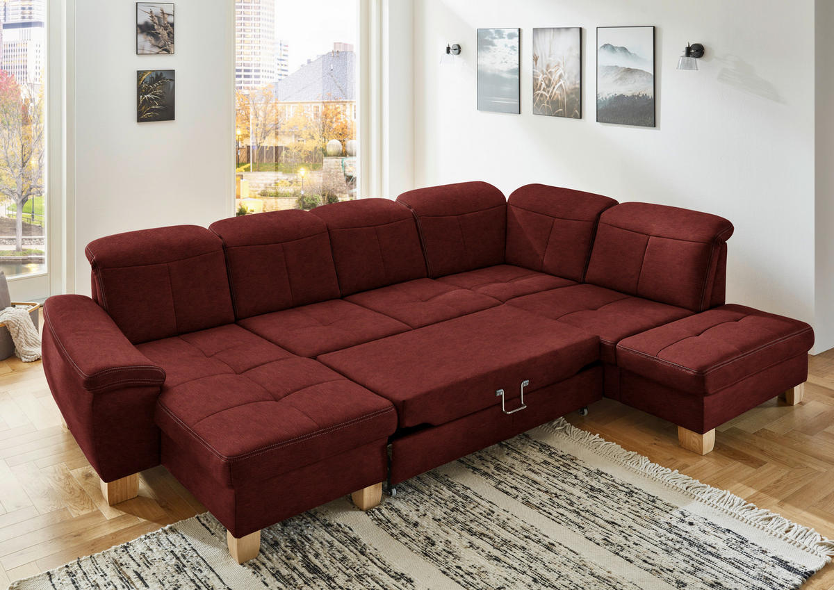 WOHNLANDSCHAFT in Mikrofaser Hellrot  - Wildeiche/Hellrot, Konventionell, Holz/Textil (185/343/243cm) - Voleo