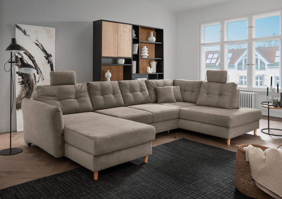 WOHNLANDSCHAFT in Cord Graubraun  - Graubraun/Naturfarben, Modern, Holz/Textil (176/338-352/206cm) - Livetastic