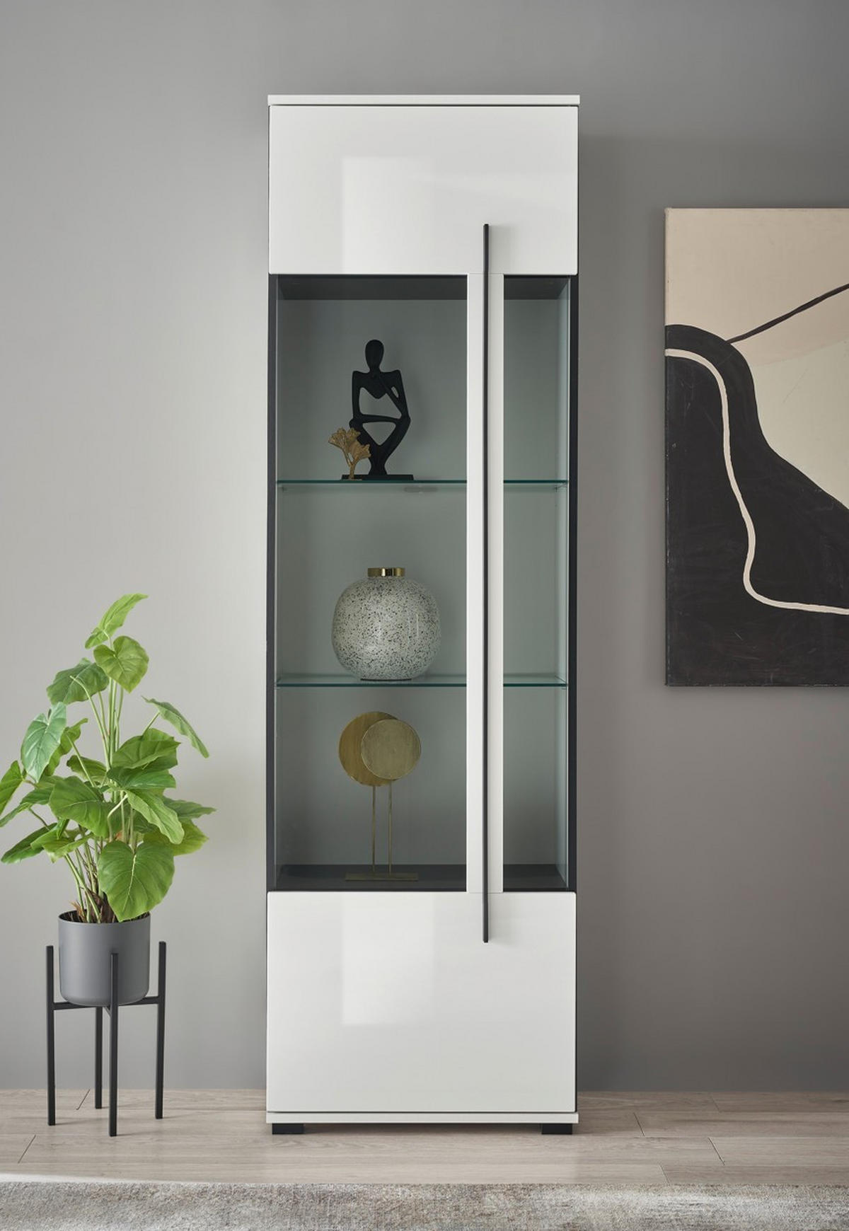 VITRINE  in Weiß Hochglanz  - Weiß Hochglanz/Schwarz, Design, Glas/Holzwerkstoff (60/200/37cm) - Livetastic