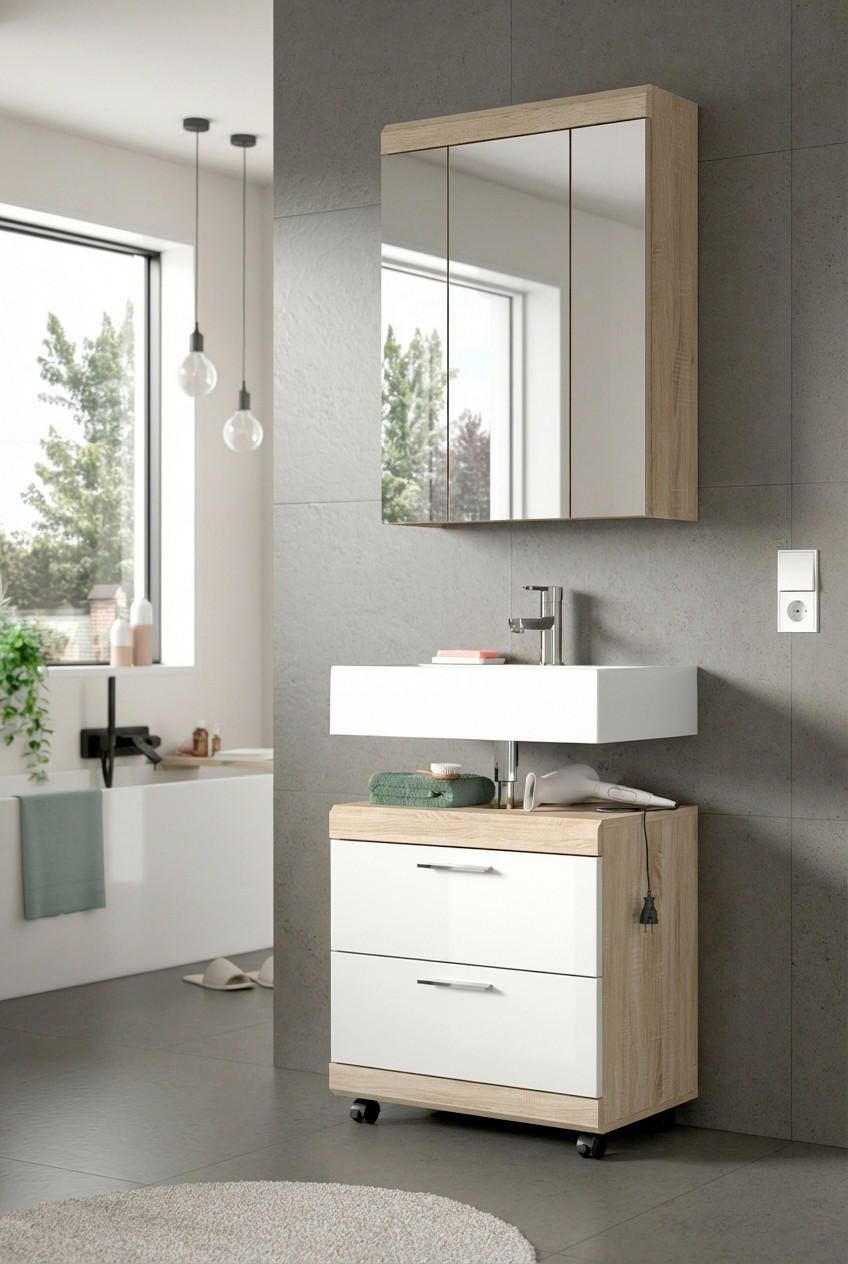 BADEZIMMER 2-teilig  in 60 cm  - Weiß Hochglanz/Silberfarben, Trend, Glas/Holzwerkstoff (60cm) - MID.YOU