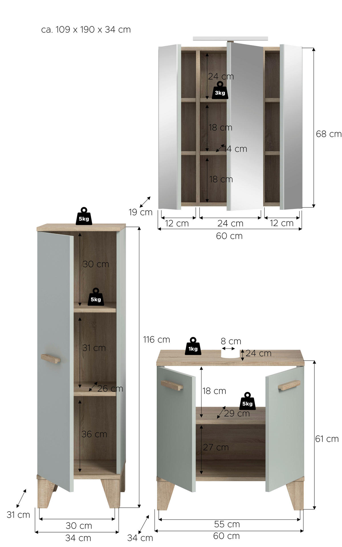 BADEZIMMER 4-teilig 94 cm  - Eiche San Remo/Graugrün, Modern, Holzwerkstoff/Kunststoff (94cm) - MID.YOU
