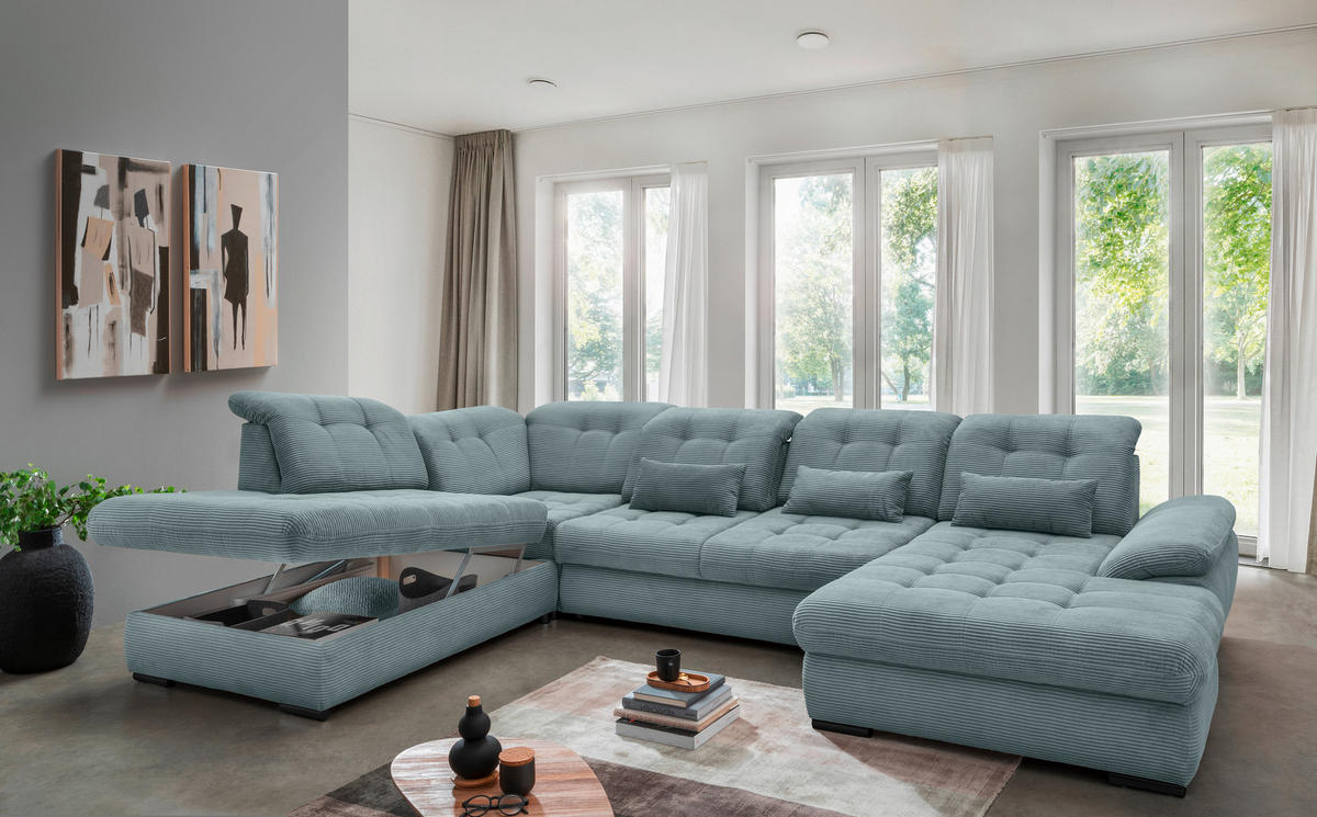 SALON PANORAMIQUE in Cord Hellblau  - bleu clair/noir, Modern, textile/métal (252/387/184cm) - Livetastic