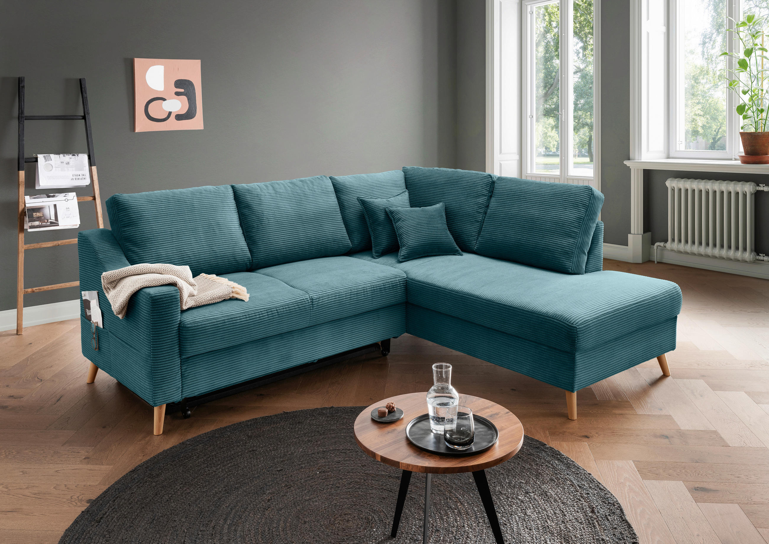 ECKSOFA Valentina Petrol Cord  - Petrol/Naturfarben, MODERN, Holz/Textil (230/200cm) - Livetastic