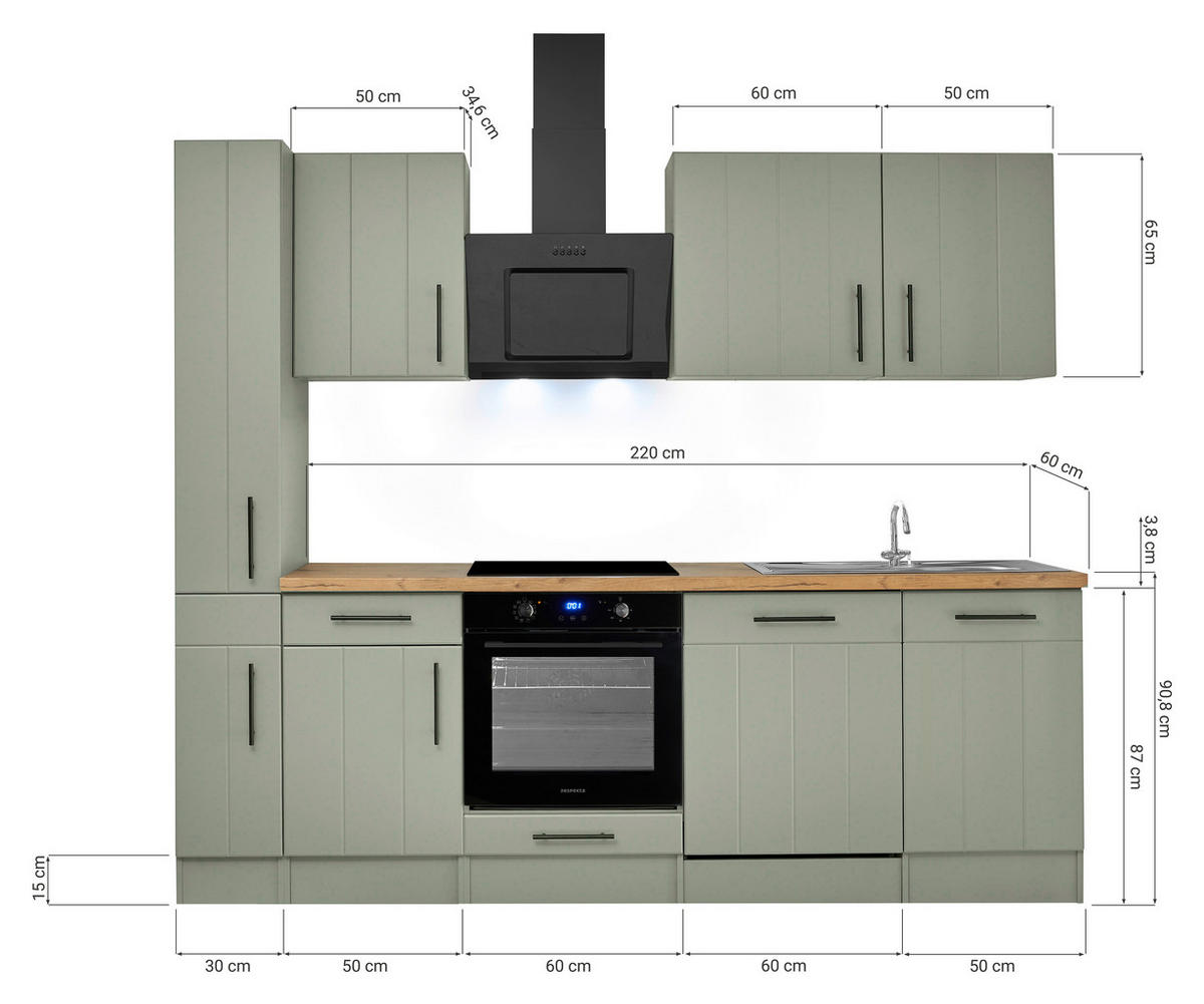 KÜCHENBLOCK 250 cm   in Wildeiche, Schilfgrün  - Schilfgrün/Wildeiche, Trend, Holzwerkstoff/Metall (250cm) - Respekta