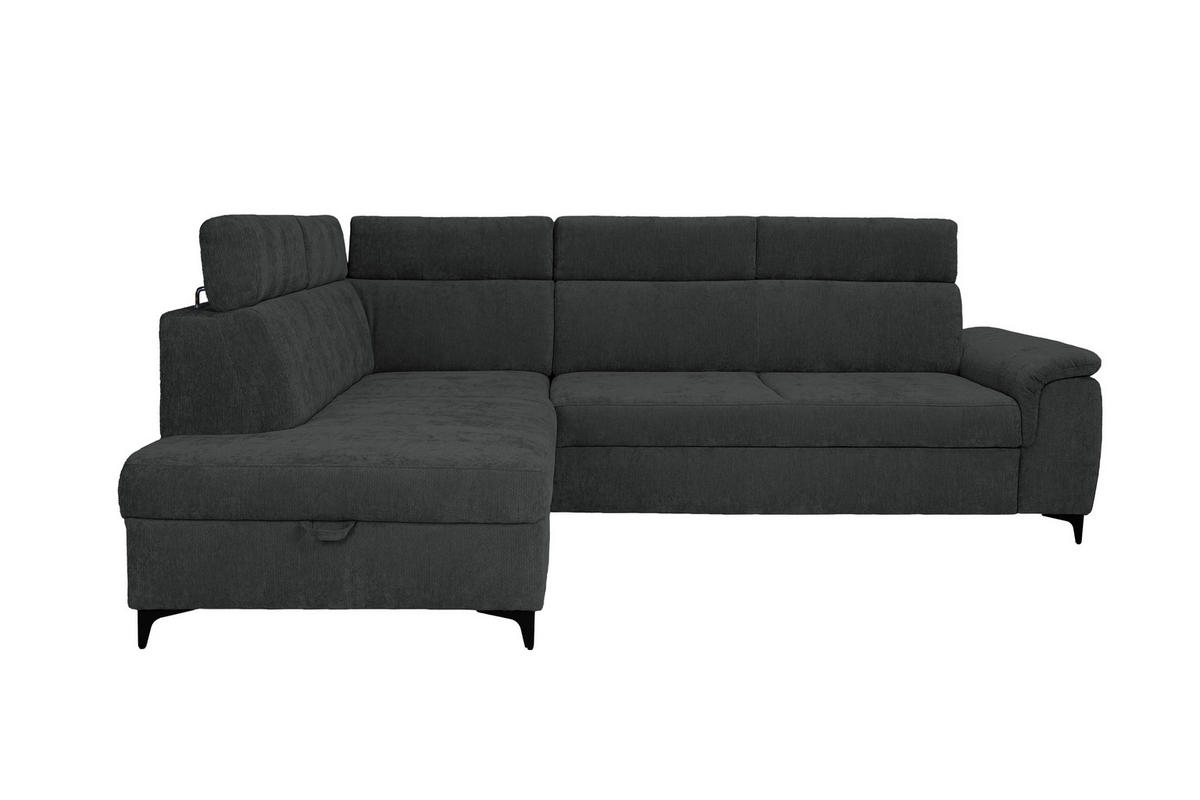 ECKSOFA Schwarz Chenille Bettkasten, Schlaffunktion, Rücken echt, Kopfteilverstellung, Liegefläche im Originalstoff  - Schwarz, KONVENTIONELL, Textil/Metall (206/265cm) - Carryhome