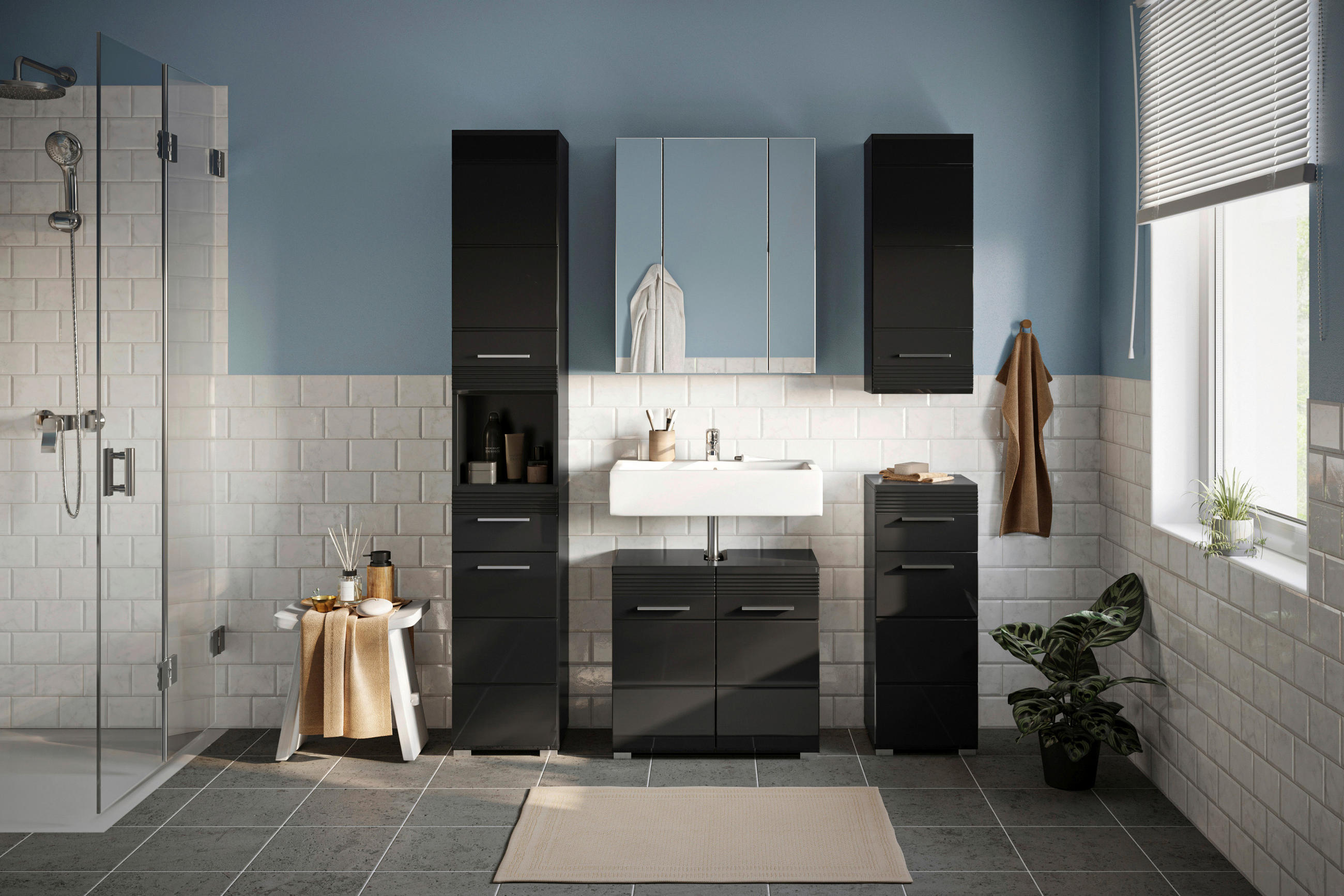 BADEZIMMER 5-teilig  in 120 cm  - Schwarz Hochglanz/Silberfarben, MODERN, Glas/Holzwerkstoff (120cm) - MID.YOU