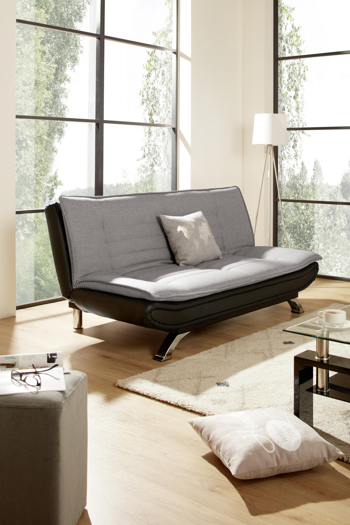 SCHLAFSOFA in Lederlook, Webstoff Grau, Schwarz, Edelstahlfarben  - Edelstahlfarben/Schwarz, Basics, Textil/Metall (190/90/102cm) - MID.YOU