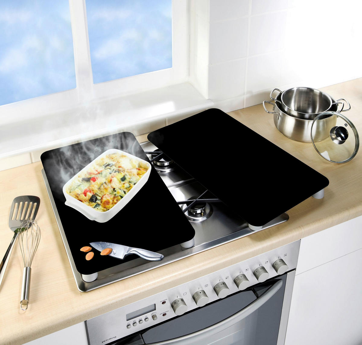HERDABDECKPLATTE 53898100  - Schwarz, Design, Glas/Kunststoff (30/1,8-5,5/52cm) - Wenko