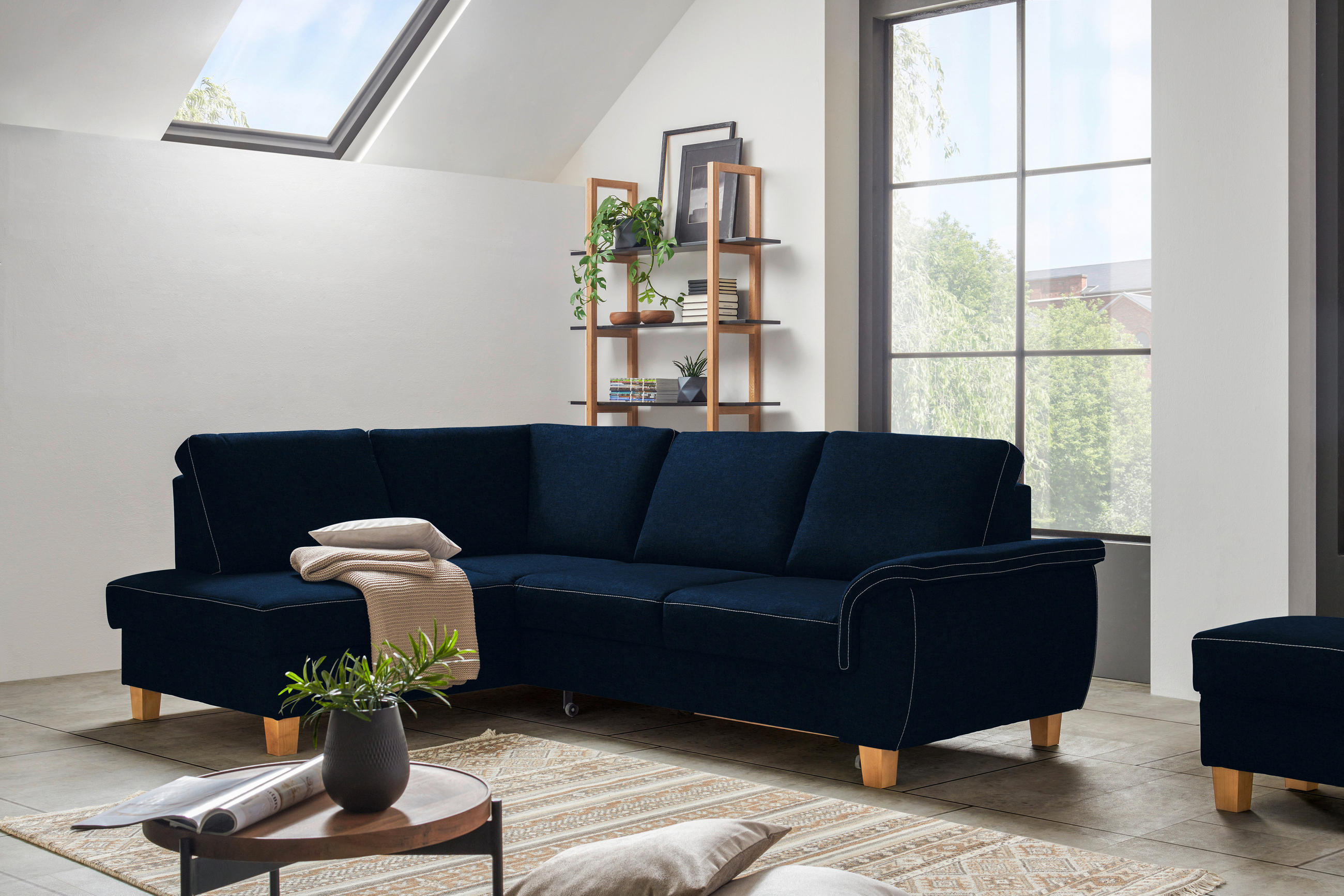 ECKSOFA Dunkelblau Flachgewebe  - Eichefarben/Dunkelblau, Design, Holz/Textil (185/253cm) - Cantus