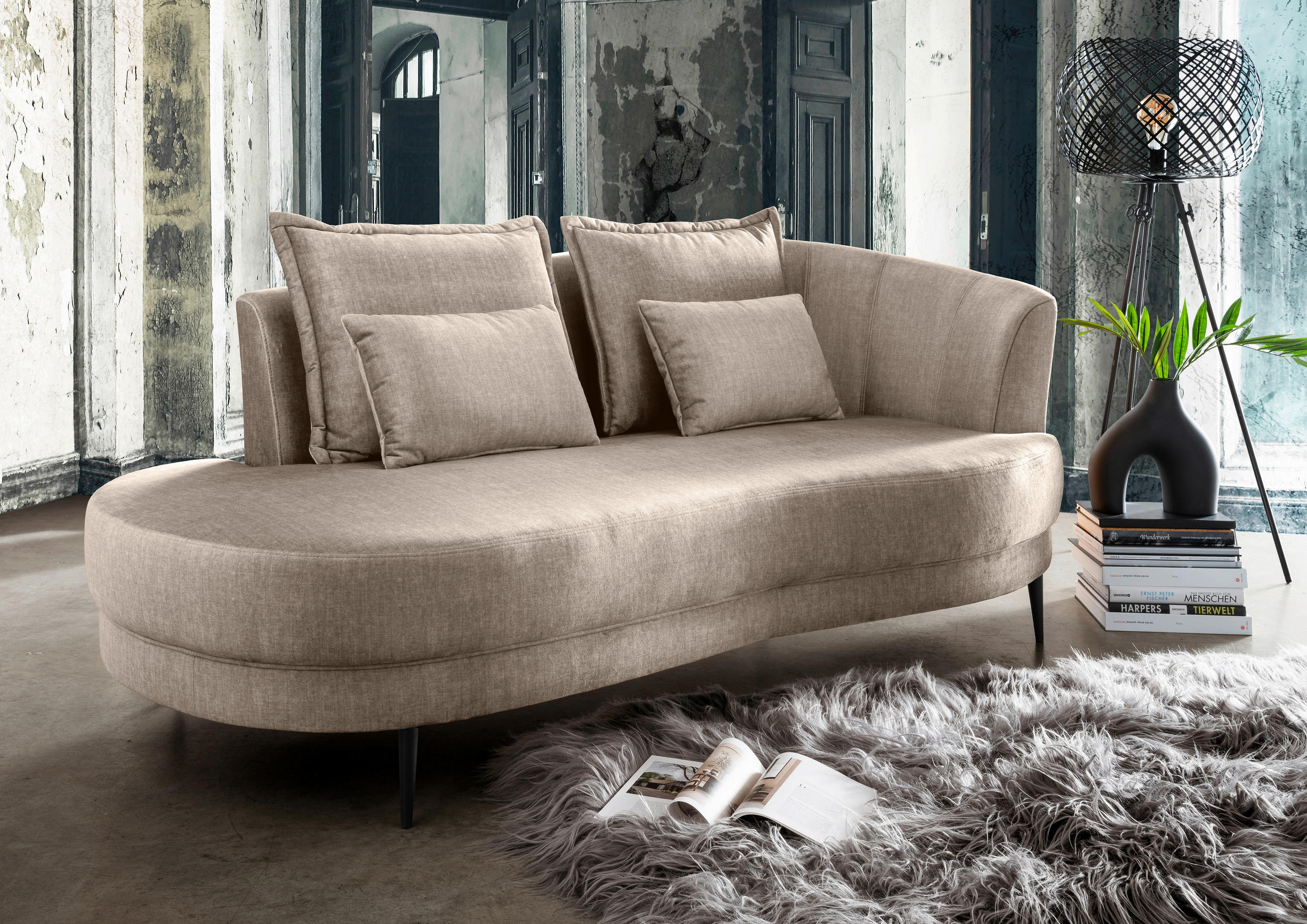 OTTOMANE in Velours Beige  - Beige/Schwarz, Modern, Textil/Metall (211/85/102cm) - Livetastic