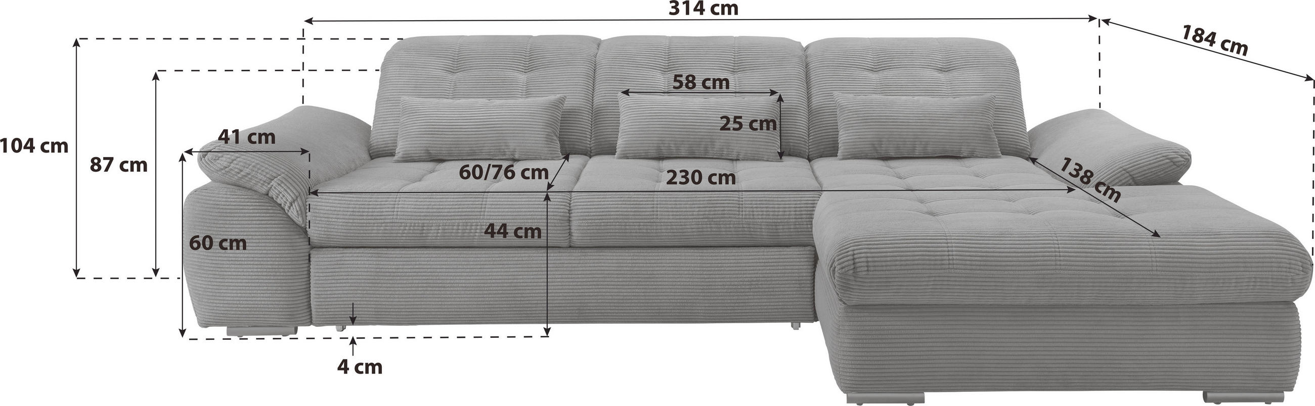 ECKSOFA Grau Cord  - Schwarz/Grau, MODERN, Textil/Metall (314/184cm) - Livetastic