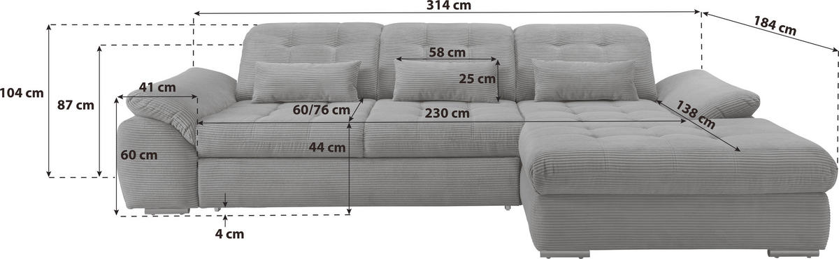 ECKSOFA Grau Cord  - Schwarz/Grau, MODERN, Textil/Metall (314/184cm) - Livetastic