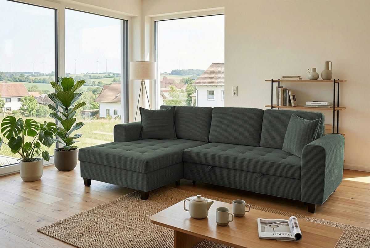 ECKSOFA MORITZ Dunkelgrün Cord Zierkissen, Bettkasten  - Dunkelgrün, Trend, Textil (155/265cm) - P & B