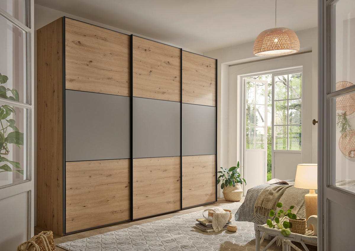 SCHWEBETÜRENSCHRANK in Hellgrau, Eiche Artisan  - Hellgrau/Schwarz, Holzwerkstoff/Metall (298/222/68cm) - Moderano