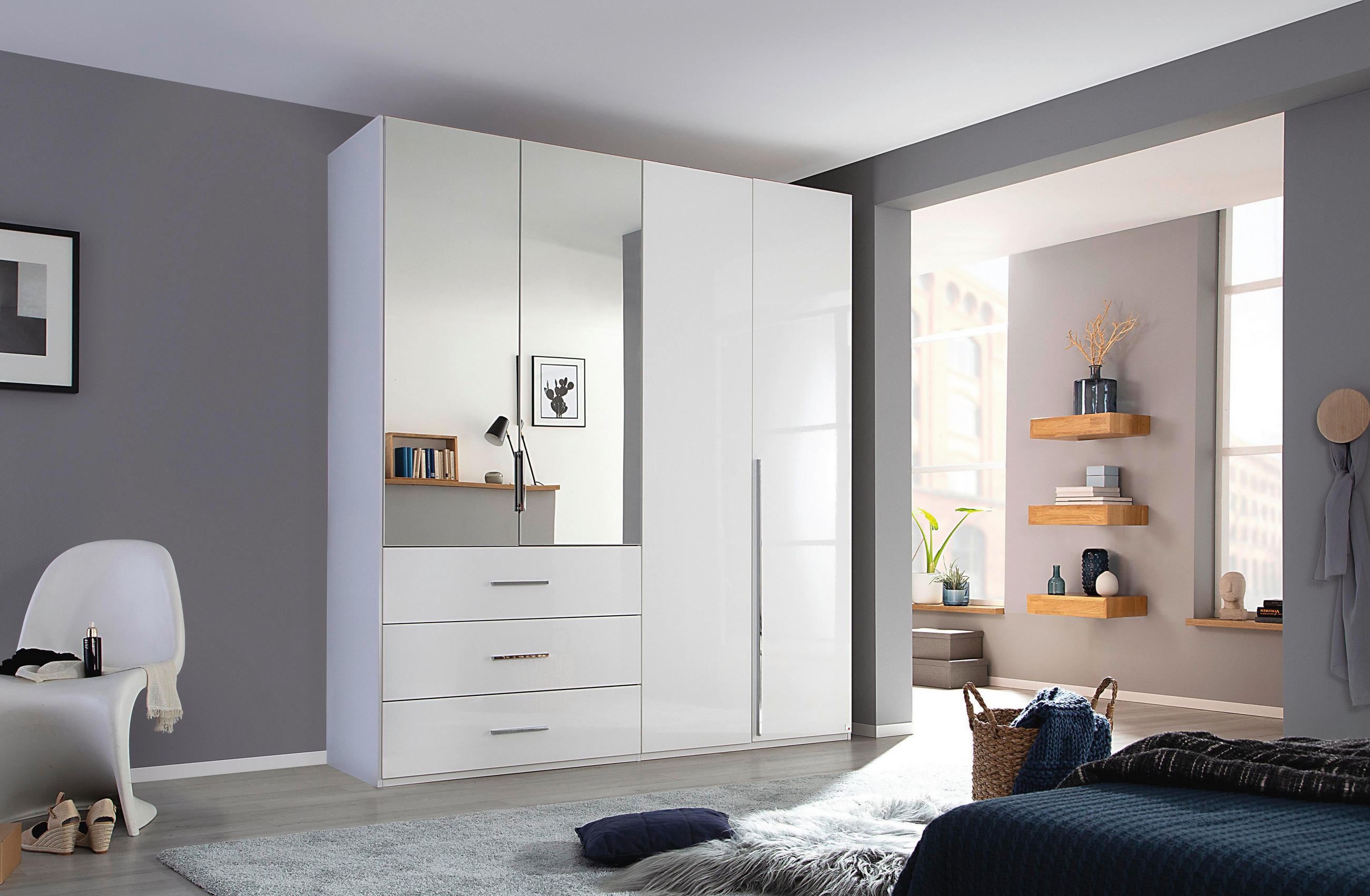 DREHTÜRENSCHRANK in Weiss, Weiss Hochglanz  - Weiss Hochglanz/Chromfarben, Design, Glas/Holzwerkstoff (201/223/60cm) - home24
