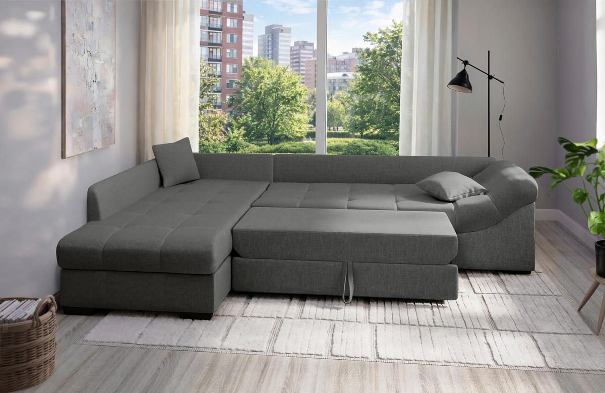 ECKSCHLAFSOFA Alvito in Mikrofaser Graubraun  - Graubraun/Schwarz, MODERN, Holz/Textil (202/298cm) - MID.YOU