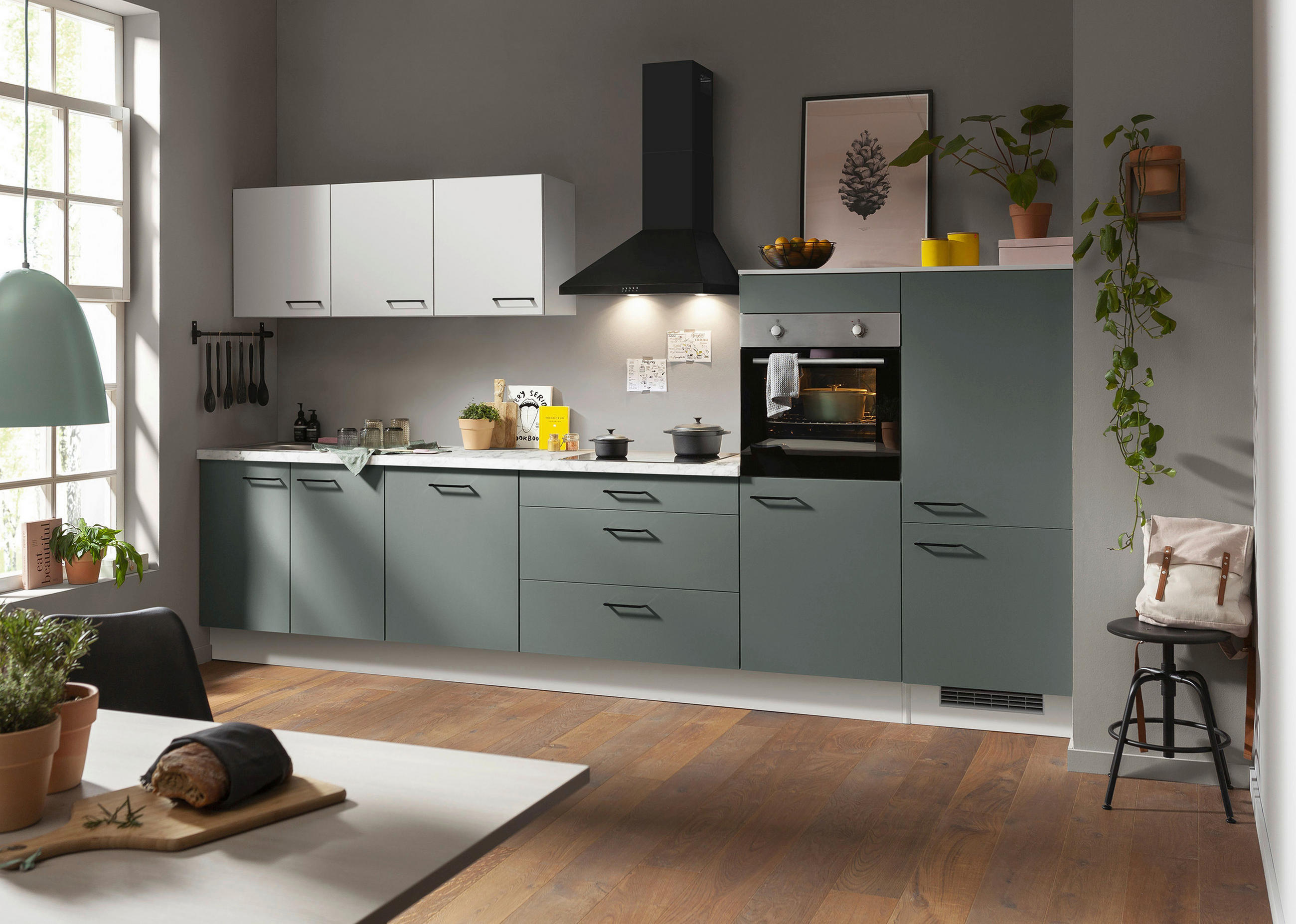 KÜCHENBLOCK 362,2 cm   in Weiß, Hellgrau, Dunkelgrün  - Dunkelgrün/Hellgrau, Basics, Holzwerkstoff/Metall (362,2cm) - Impuls