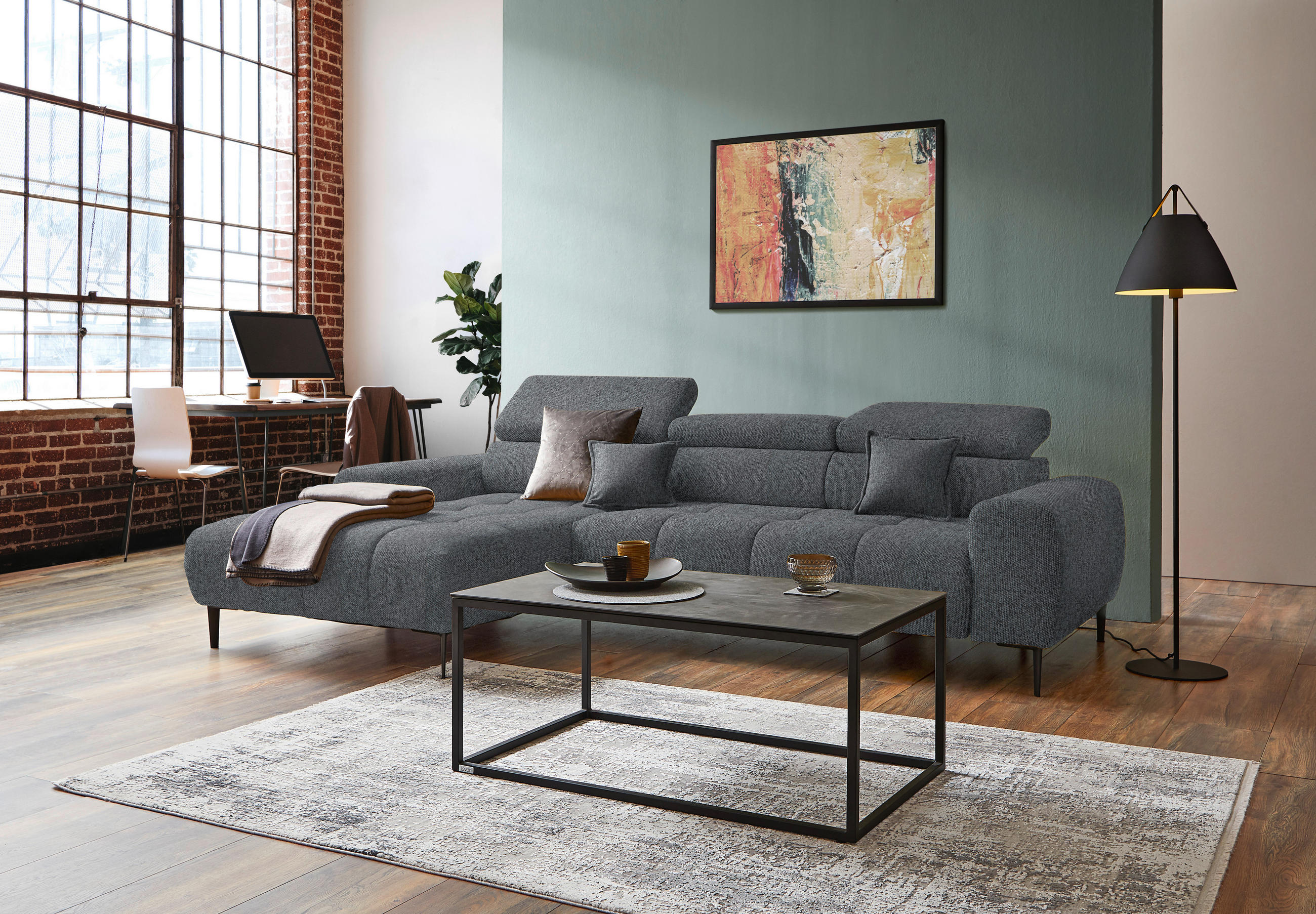ECKSOFA in Webstoff Dunkelgrau  - Dunkelgrau/Schwarz, Design, Textil/Metall (177/270cm) - Welnova