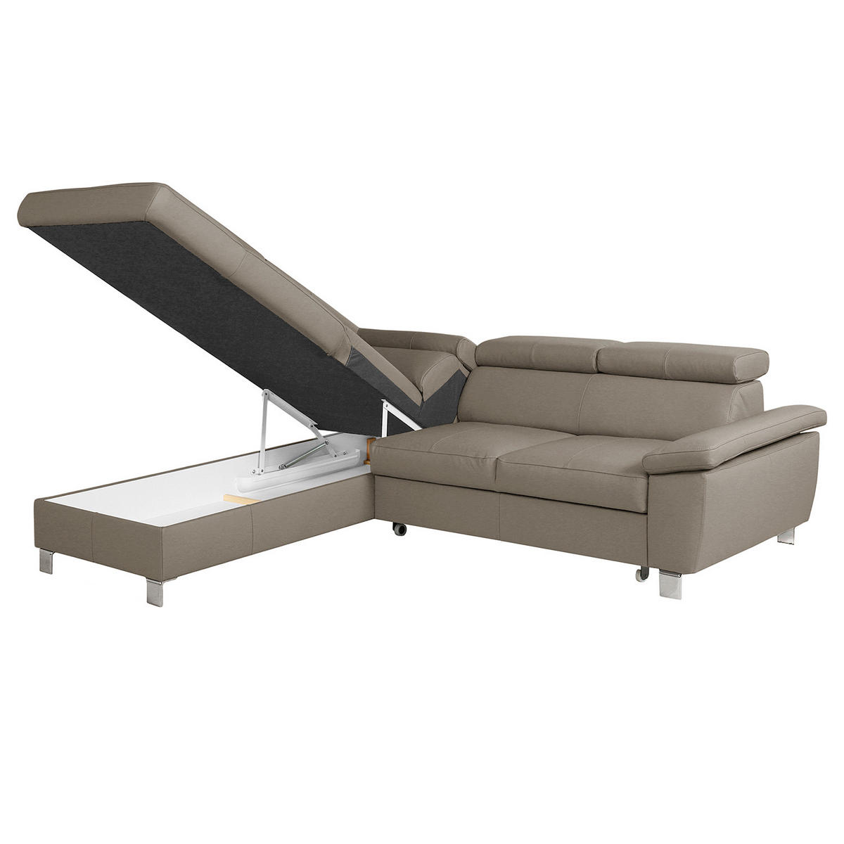 ECKSOFA Hellgrau Echtleder Lederlook  - Chromfarben/Hellgrau, Design, Leder/Textil (208/248cm) - Livetastic