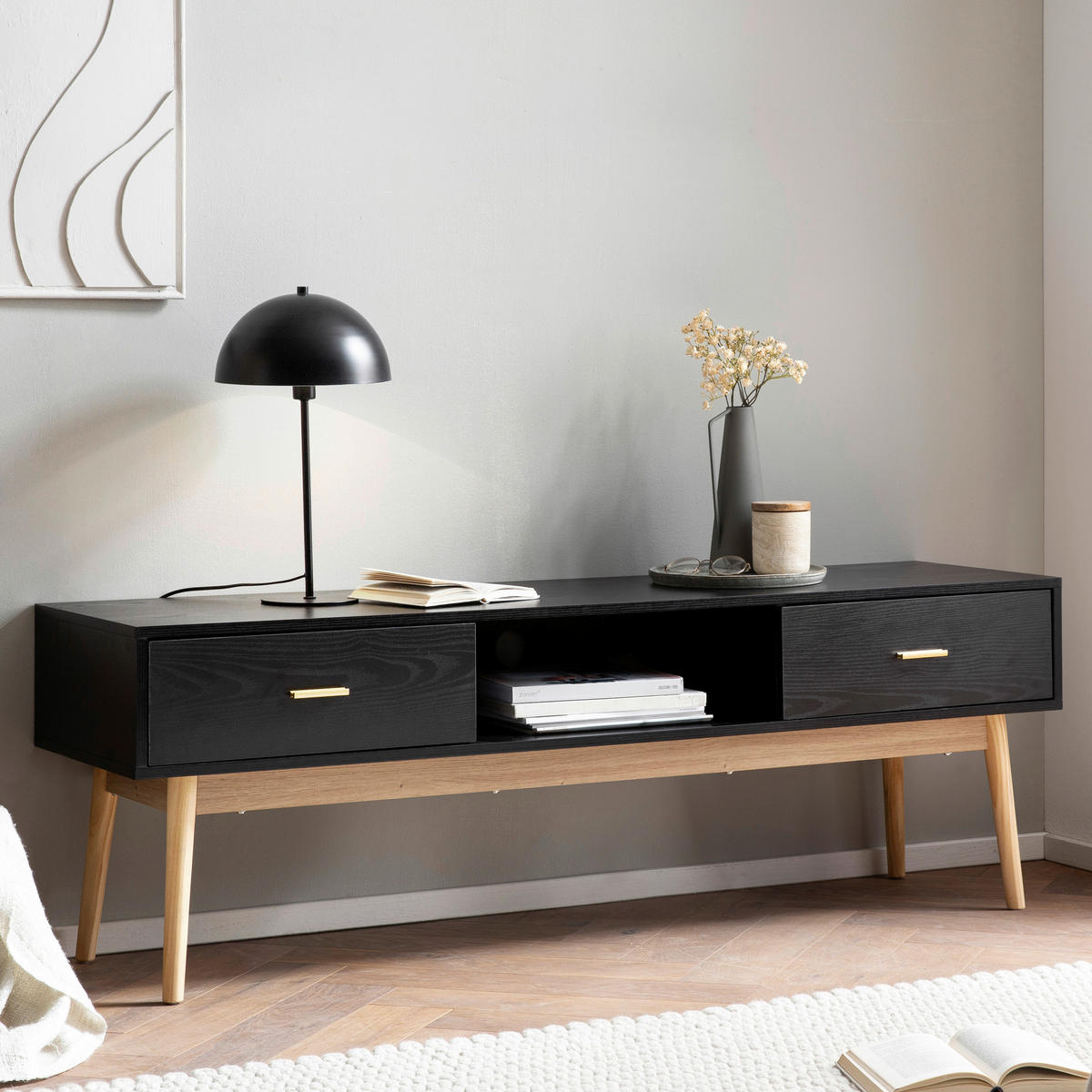 NÍZKÁ KOMODA, černá, 150/50/40 cm - černá/barvy dubu, Design, kov/dřevo (150/50/40cm) - Livetastic