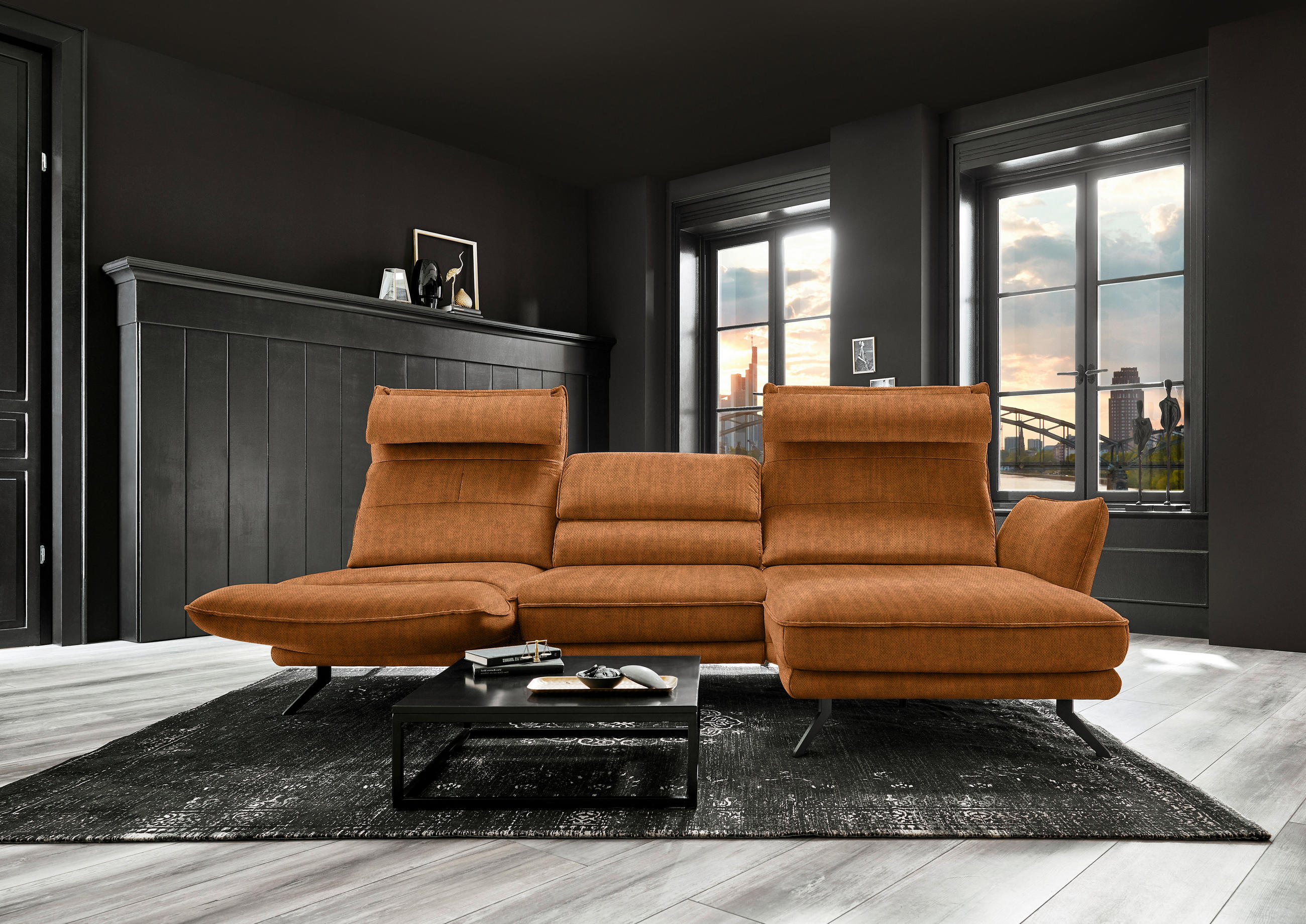 ECKSOFA in Velours Cognac  - Cognac/Schwarz, Design, Textil/Metall (283/153cm) - Valdera