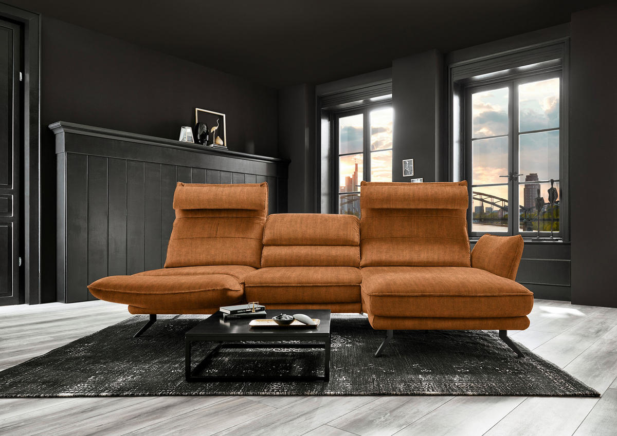 ECKSOFA in Velours Cognac  283/153 cm  - Cognac/Schwarz, Design, Textil/Metall (283/153cm) - Valdera