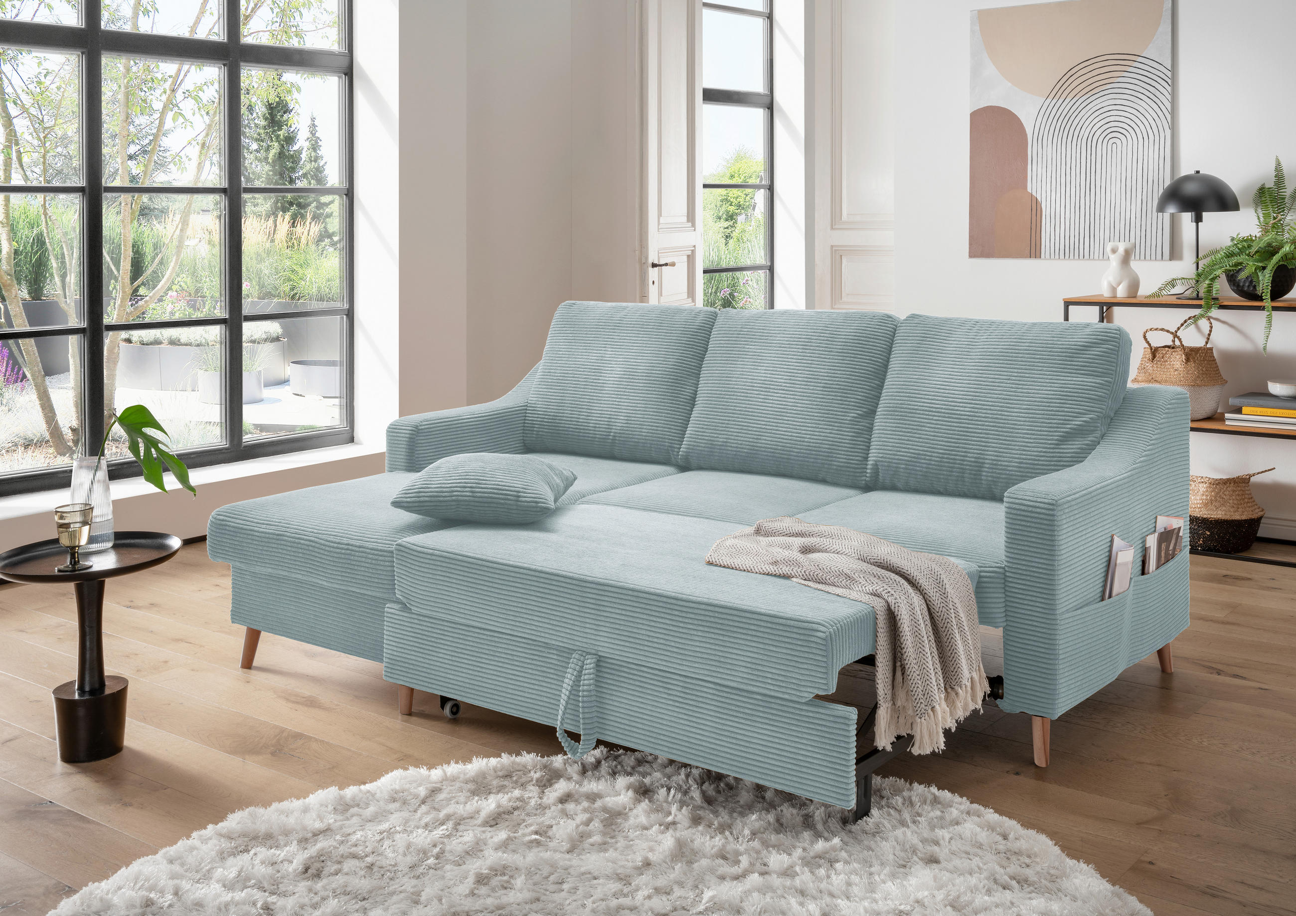 ECKSOFA in Cord Hellblau - Naturfarben/Hellblau, Design, Holz/Textil (150/228cm) - P & B