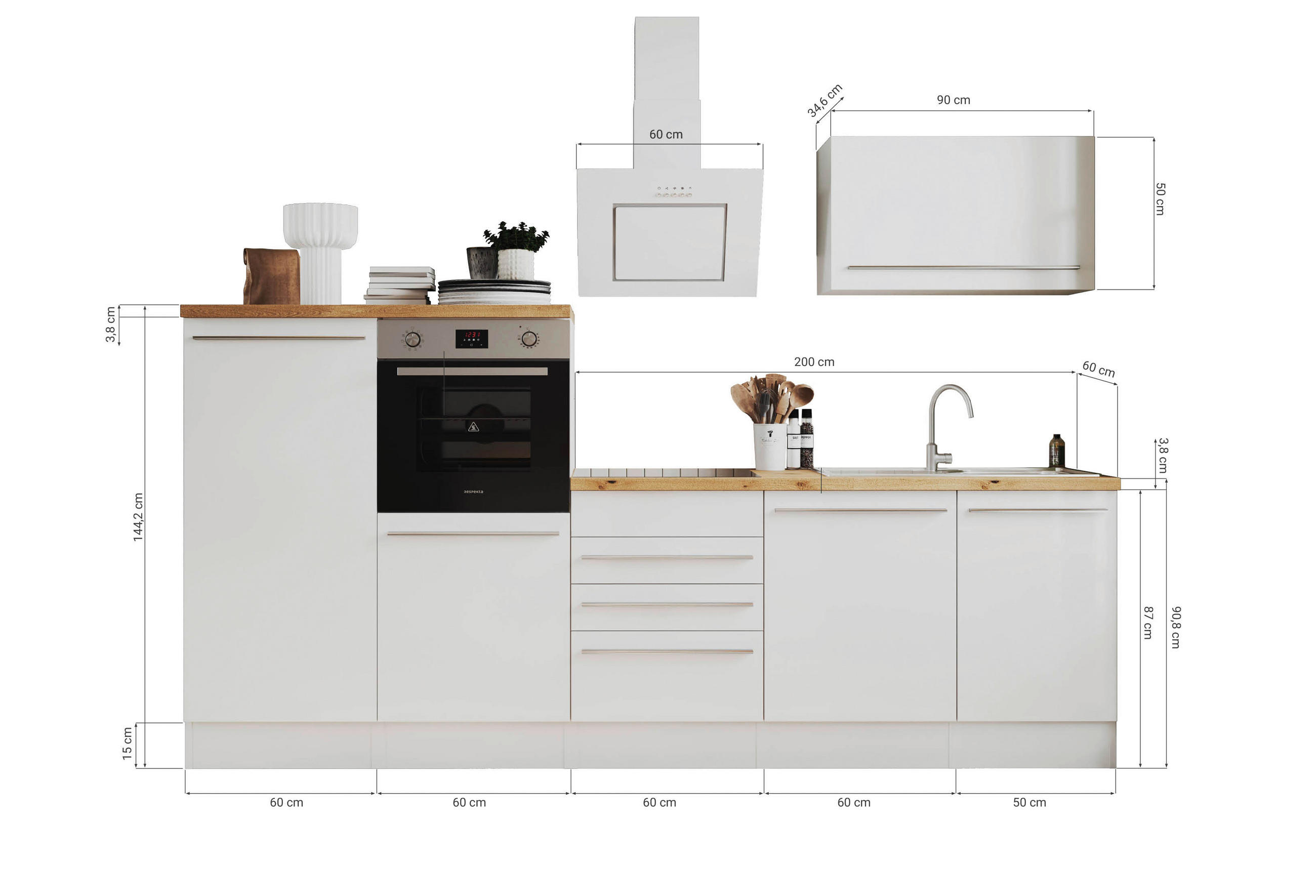 KÜCHENBLOCK 290 cm   in Grau, Weiß, Eichefarben  - Wildeiche/Edelstahlfarben, Basics, Holzwerkstoff/Kunststoff (290cm) - Respekta