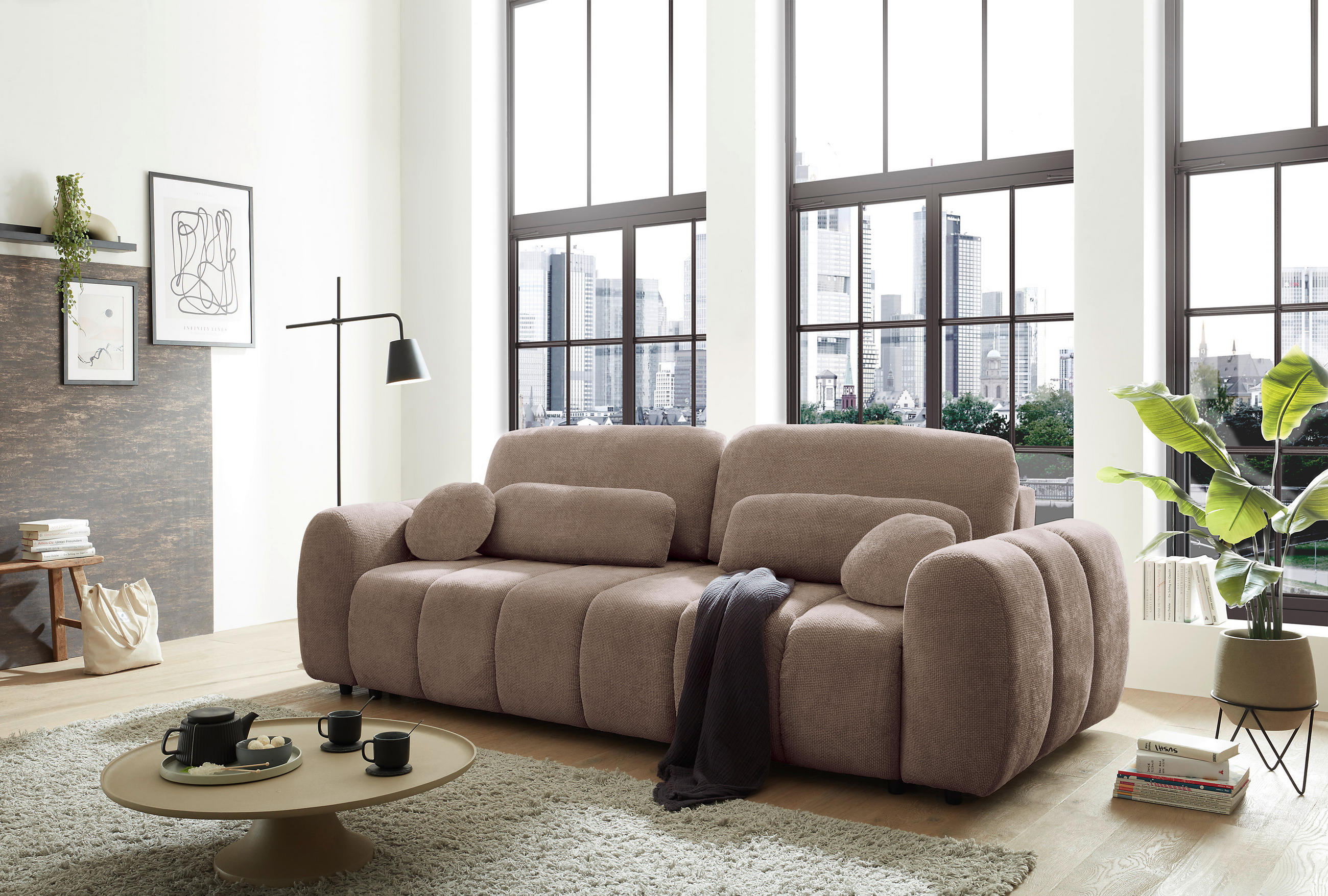 SCHLAFSOFA BUBBLE Webstoff Taupe  inkl. Zierkissen, Nierenkissen, Bettkasten, Liegefläche im Originalstoff  - Taupe/Schwarz, Design, Kunststoff/Textil (256/76/112cm) - MID.YOU