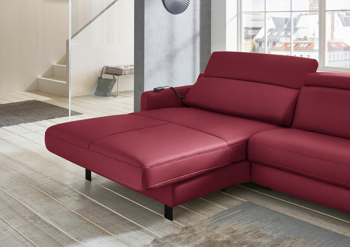 ECKSOFA Echtleder Bordeaux  - Bordeaux/Schwarz, Design, Leder/Metall (176/291cm) - Valdera