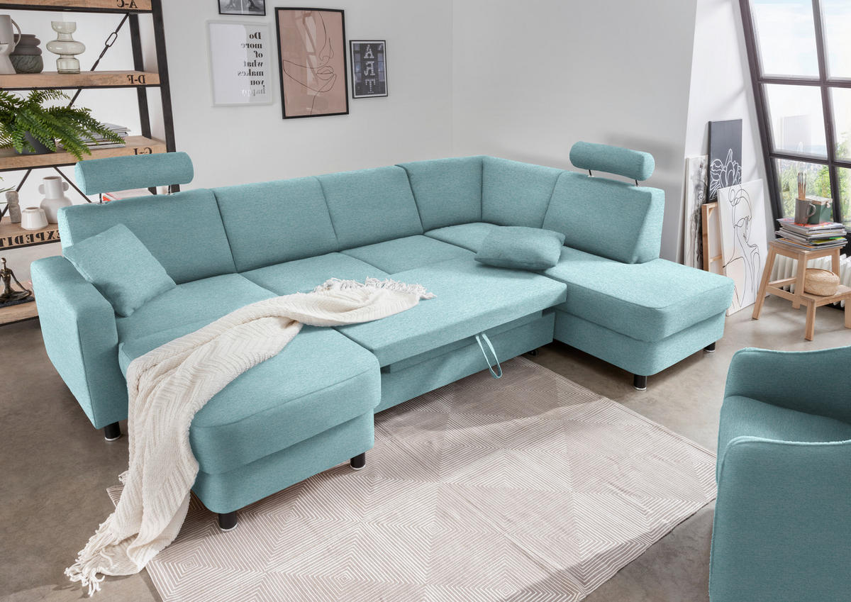 WOHNLANDSCHAFT in Webstoff Türkis  - Türkis/Schwarz, Design, Holz/Textil (165/296/198cm) - Xora