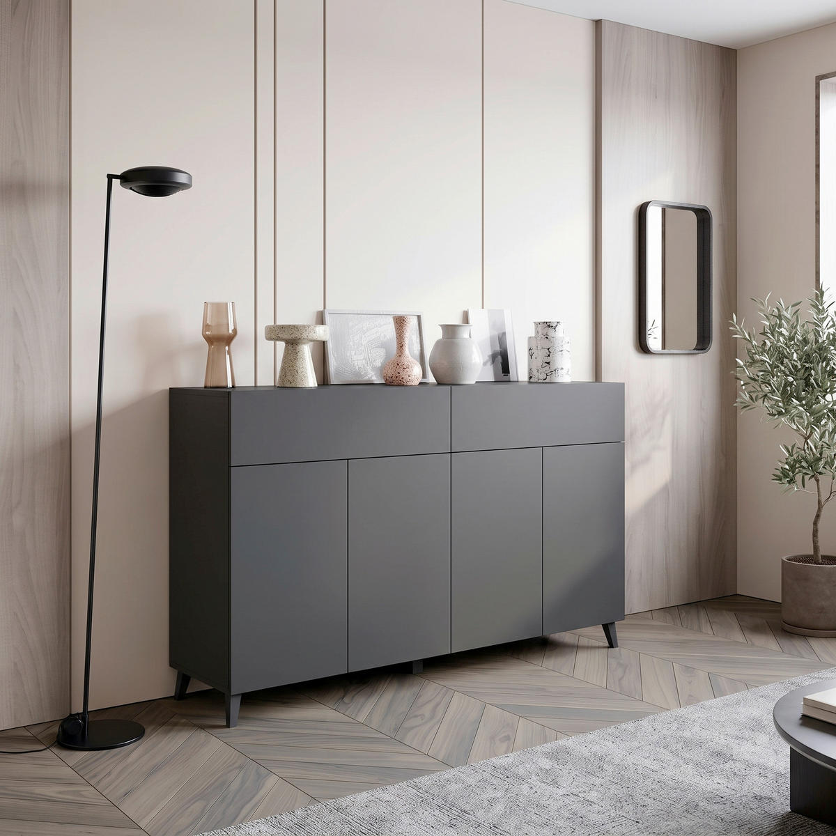 SIDEBOARD  160/95,4/39 cm 2 Schublade(n)  - Schwarz, Design, Holzwerkstoff/Kunststoff (160/95,4/39cm) - P & B