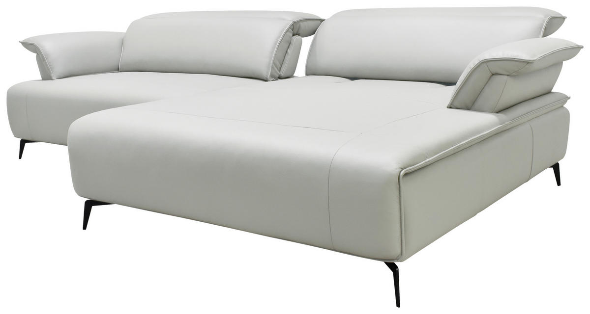ECKSOFA Hellgrau Echtleder Rückenkissen, Armlehnenkissen, Rücken echt, Kopfteilverstellung, Sitztiefenverstellung, Fußteilverstellung  - Hellgrau/Schwarz, Design, Leder/Metall (280/75-100/112-176cm) - Celina Home