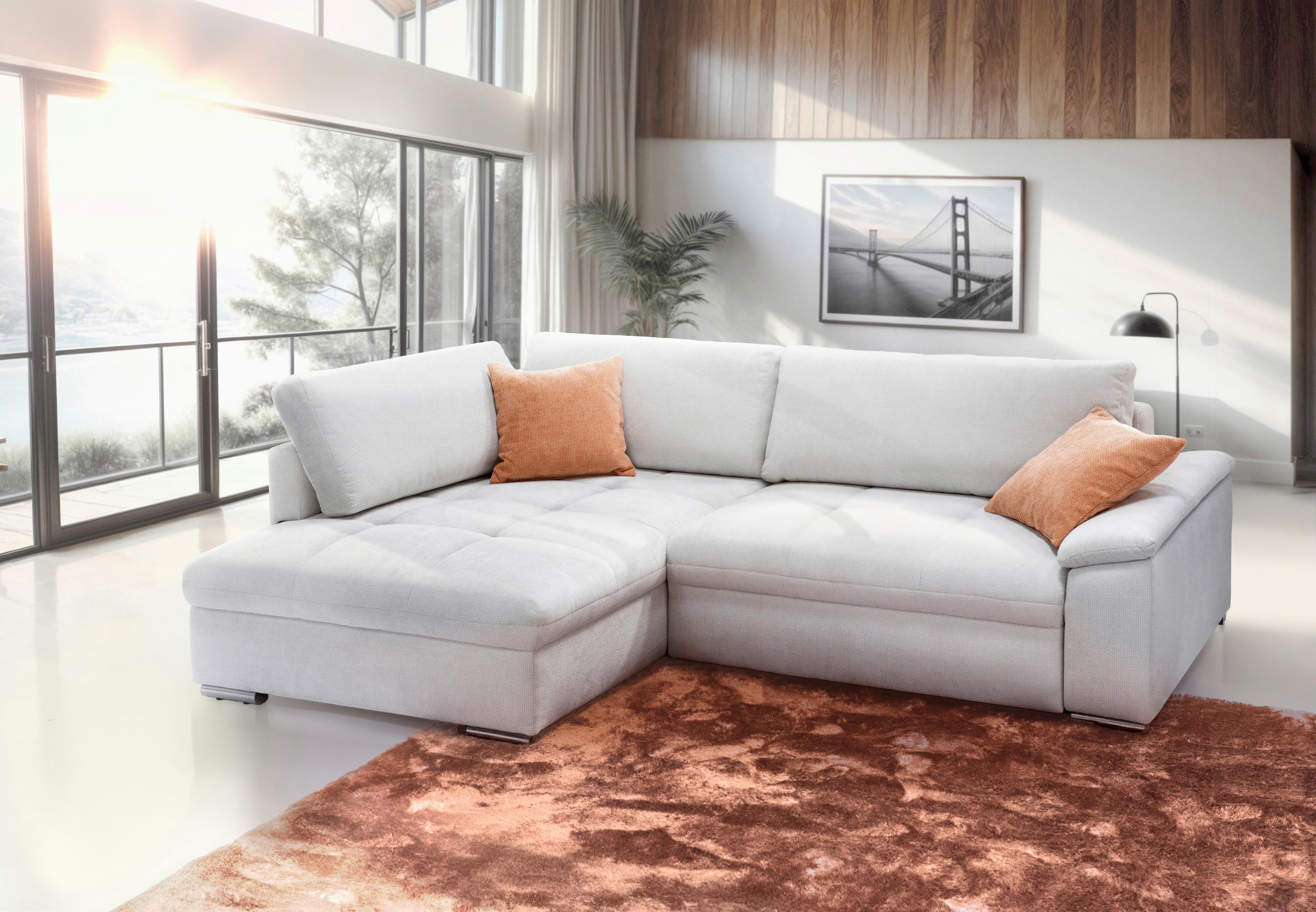 ECKSOFA CASA GRANDE Weiß Struktur, Chenille  - Silberfarben/Weiß, Design, Textil/Metall (178/268cm) - Livetastic