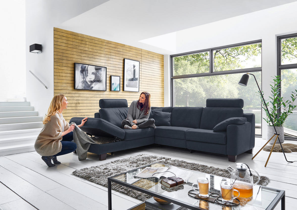 ECKSOFA in Echtleder Dunkelblau  - Eichefarben/Dunkelblau, Design, Leder/Holz (235/259cm) - Valdera