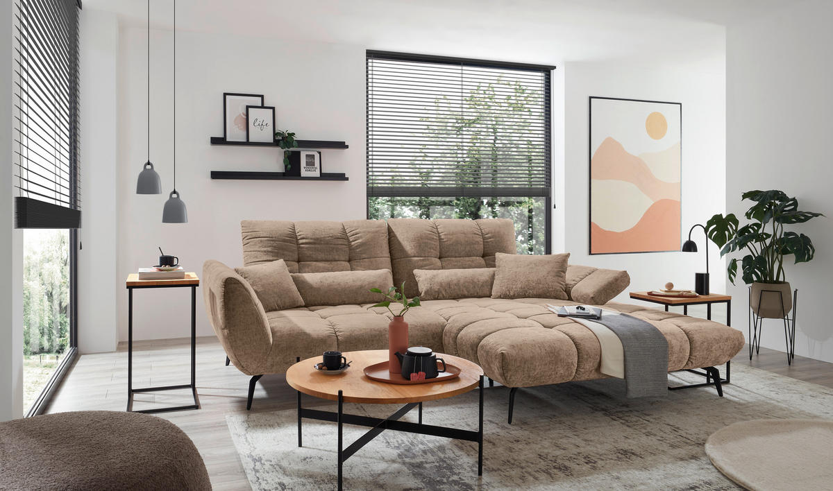 ECKSOFA Hellbraun Flachgewebe Rücken echt, Sitztiefenverstellung  - Hellbraun/Schwarz, KONVENTIONELL, Textil/Metall (273/211cm) - SetOne by Musterring