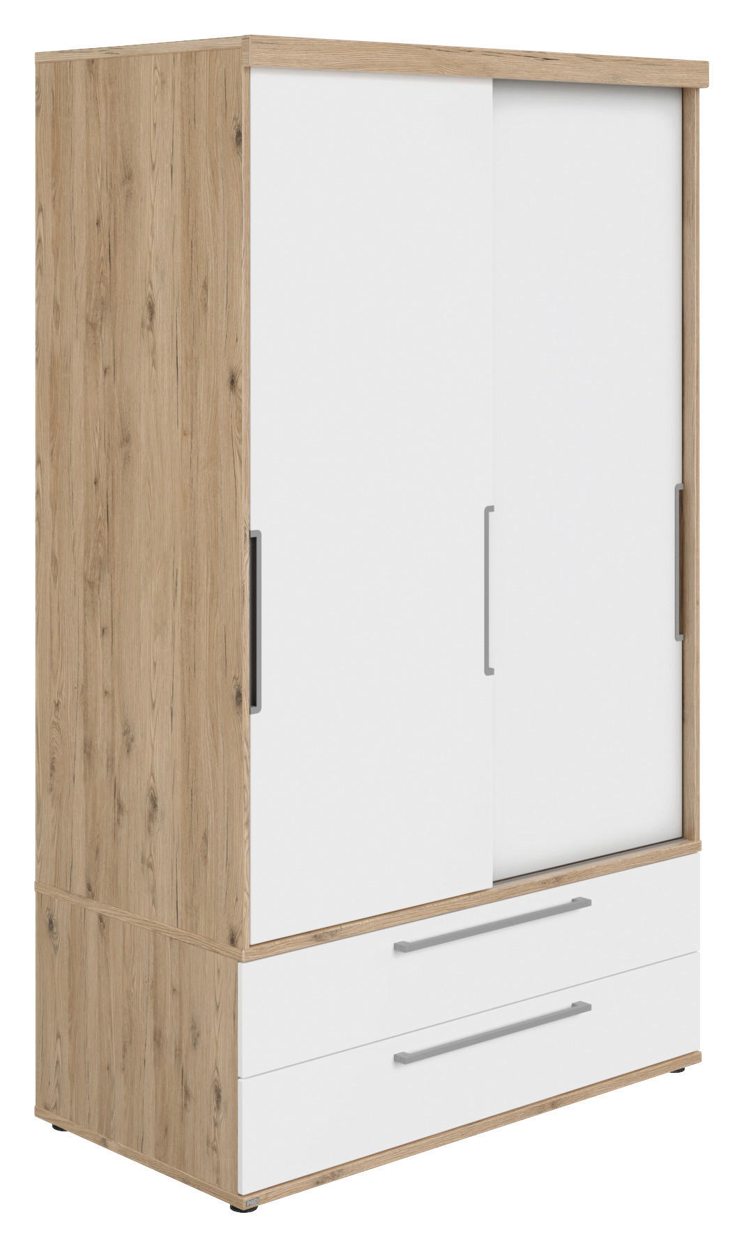 SCHIEBETÜRENSCHRANK 2-türig Weiß, Eichefarben - Eichefarben/Silberfarben, Design, Holzwerkstoff/Metall (124/207/64cm) - Paidi