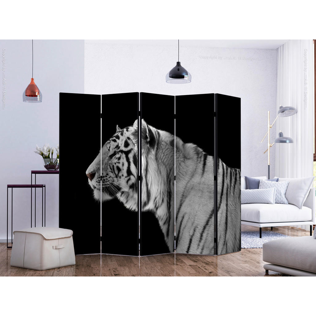 Thumbnail - artgeist Paravent, Schwarz, Weiß, Holz, Textil, Kiefer, massiv, Tiger, 225x172x3 cm, Motiv auf Vorder- und Rückseite, Wo...