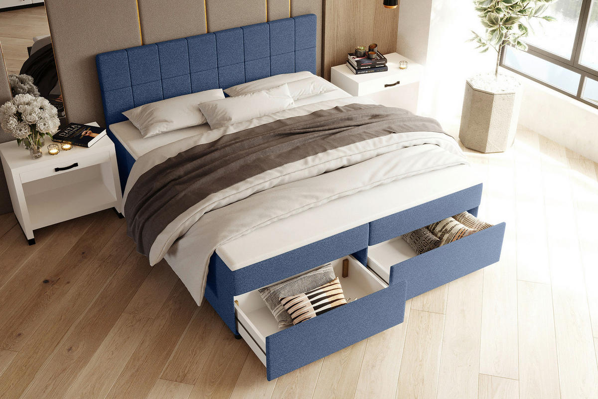 BOXBETT 160/200 cm,  in Blau, Topper, Matratzen, Bettschubladen, H3 = fest  - Blau/Schwarz, KONVENTIONELL, Kunststoff/Textil (160/200cm) - Boxxx