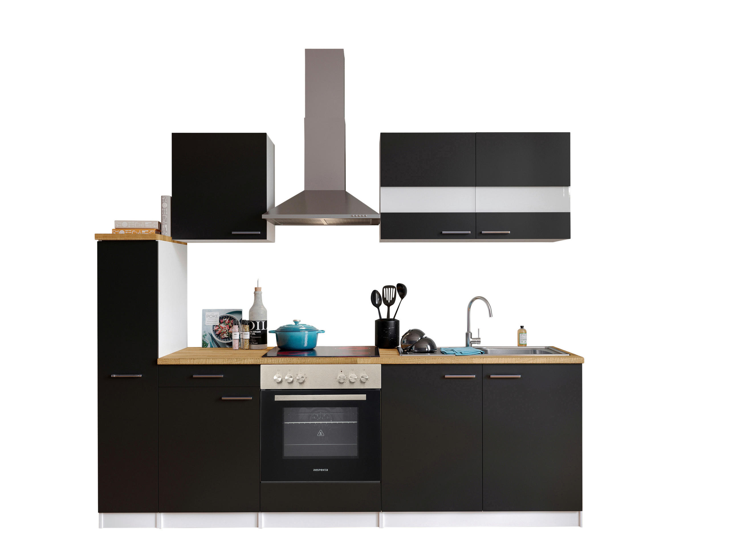 KÜCHENBLOCK 240 cm   in Schwarz  - Edelstahlfarben/Nussbaumfarben, Basics, Holzwerkstoff/Metall (240cm) - Respekta