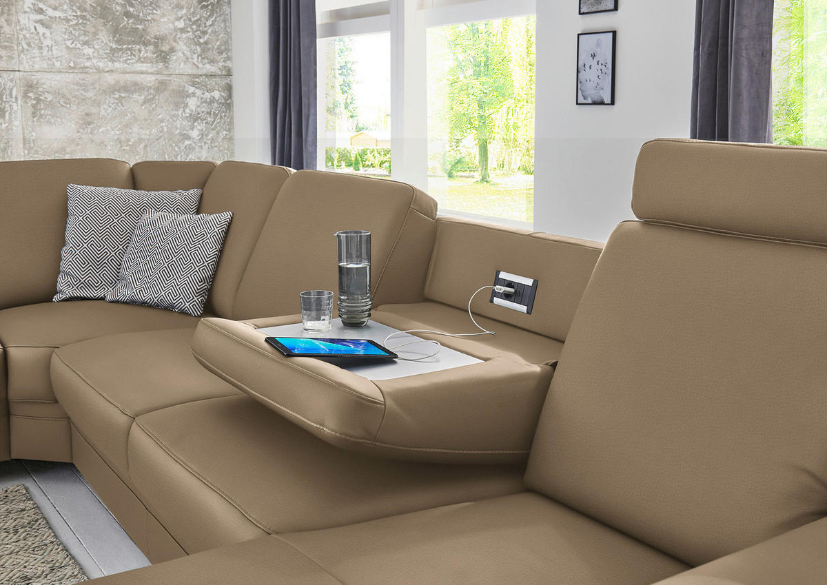 WOHNLANDSCHAFT  in Echtleder Khaki  - Khaki/Alufarben, KONVENTIONELL, Leder/Metall (239/329/165cm) - Beldomo Premium