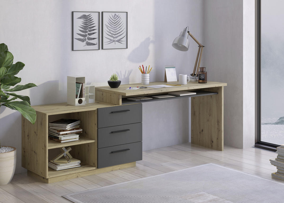 SCHREIBTISCHKOMBINATION Anthrazit, Eiche Artisan  - Anthrazit/Eiche Artisan, KONVENTIONELL, Holzwerkstoff (138/105/75cm) - Xora