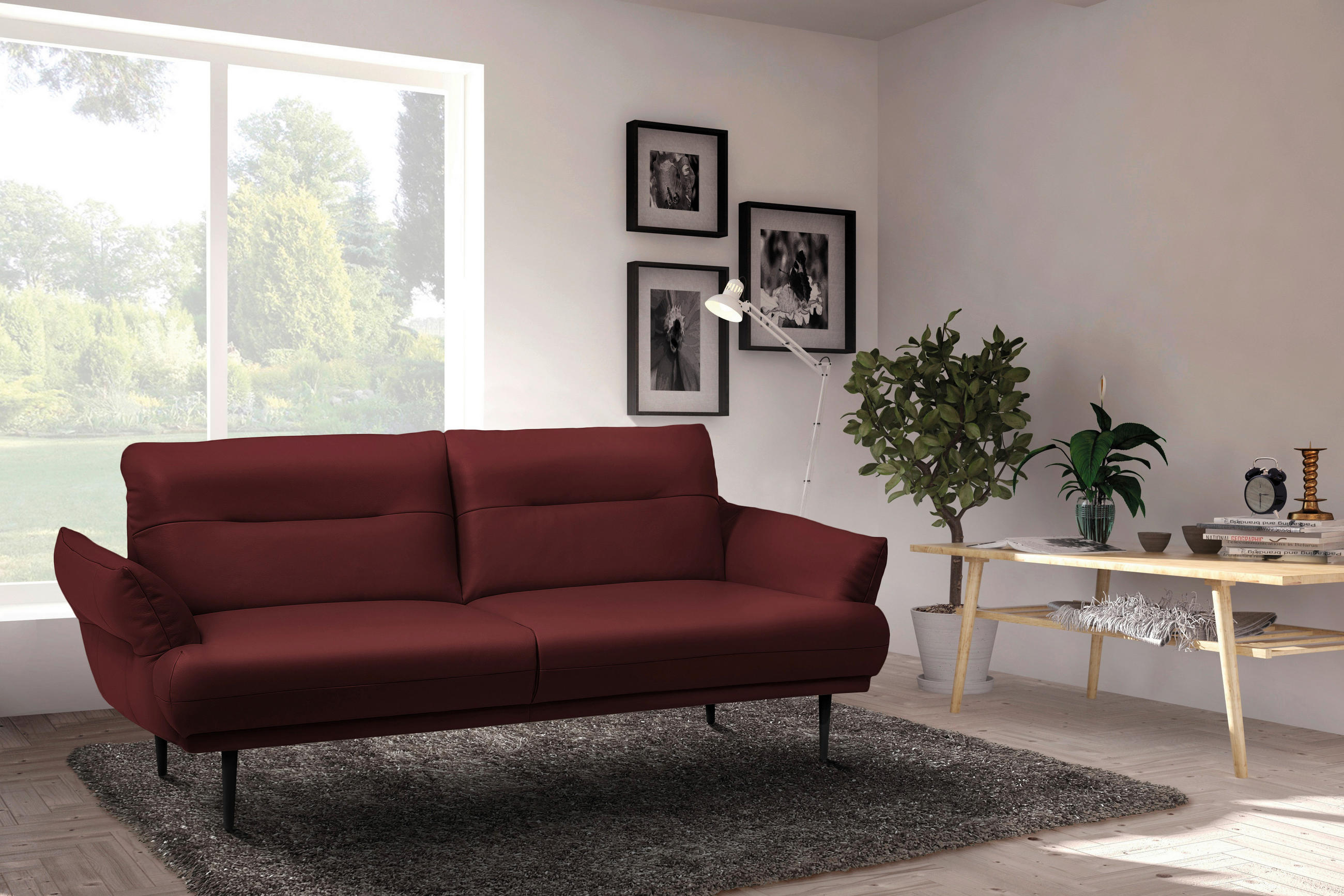 2-SITZER-SOFA Lederlook Bordeaux  - Bordeaux/Schwarz, Design, Holz/Textil (183/85/96cm) - Livetastic