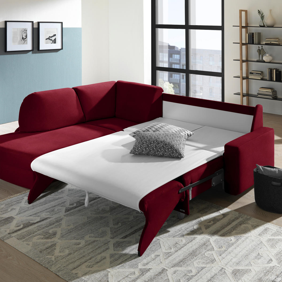 ECKSOFA in Flachgewebe Bordeaux  208/227 cm  - Eichefarben/Bordeaux, KONVENTIONELL, Holz/Textil (208/227cm) - Sedda