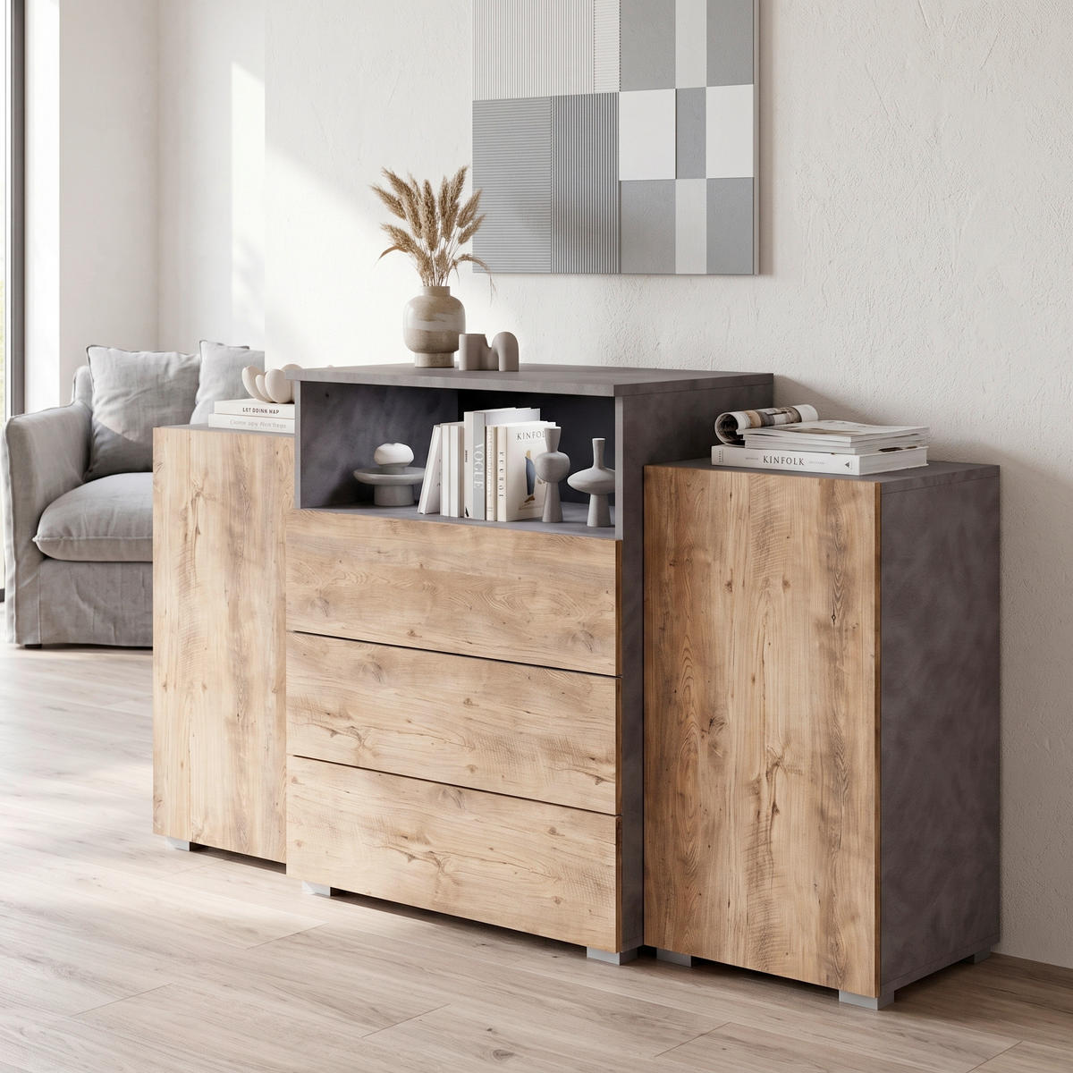SIDEBOARD  150/80,7/39 cm 3 Schublade(n)  - Kastanieneichefarben/Anthrazit, Lifestyle, Holzwerkstoff/Kunststoff (150/80,7/39cm) - P & B