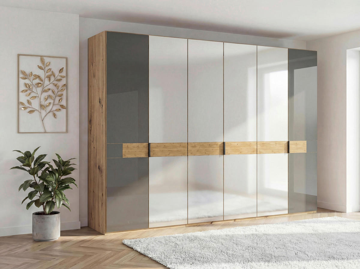 DREHTÜRENSCHRANK 300/216/58 cm,  in Eichefarben, Dunkelbraun, 6 Tür(en)  - Schieferfarben/Eichefarben, Design, Glas/Holz (300/216/58cm) - Musterring