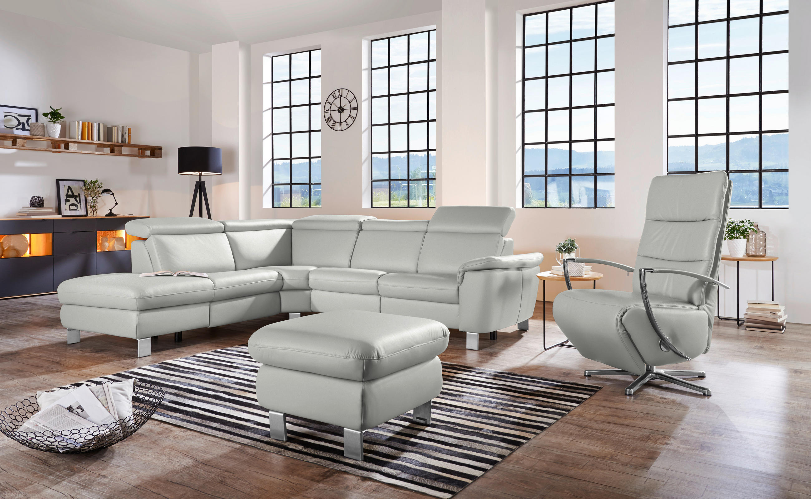 ECKSOFA in Echtleder Hellgrau  - Hellgrau/Alufarben, Design, Leder/Metall (239/271cm) - Cantus