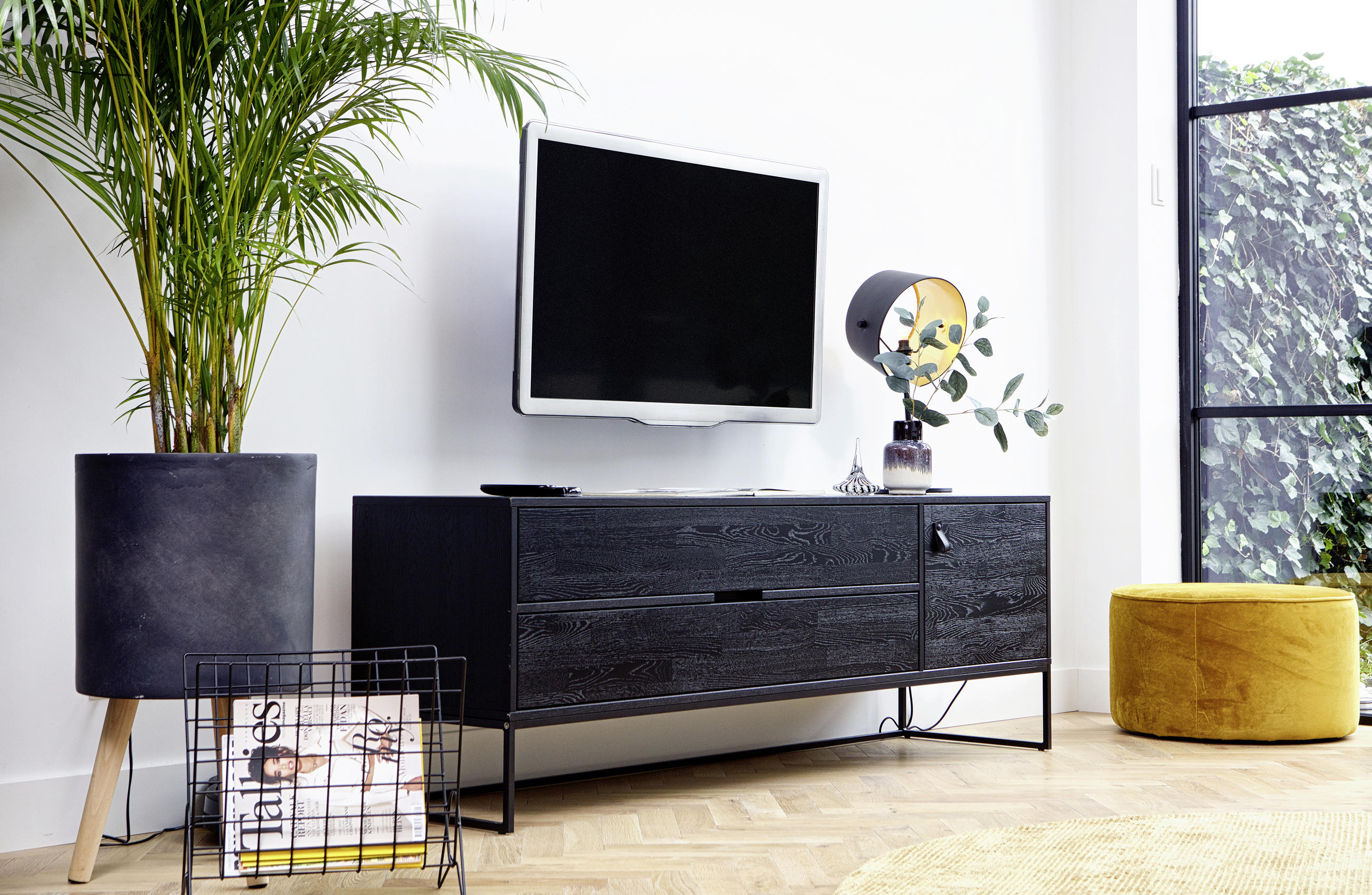 LOWBOARD  in 180/60,5/44 cm  - Schwarz, Design, Leder/Holz (180/60,5/44cm) - Livetastic