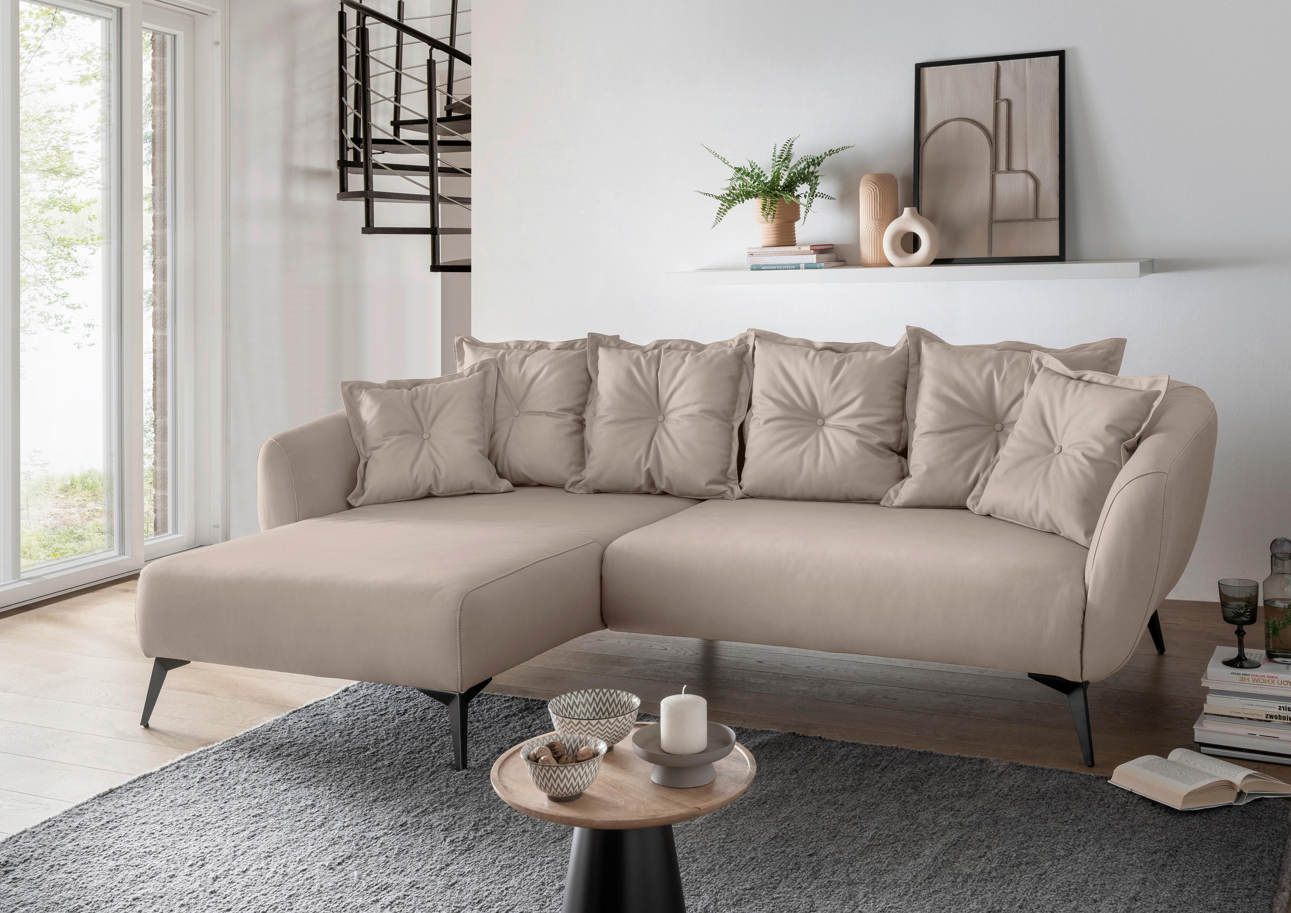 ECKSOFA Beige Lederlook  - Beige/Schwarz, MODERN, Textil/Metall (162/277cm) - Livetastic