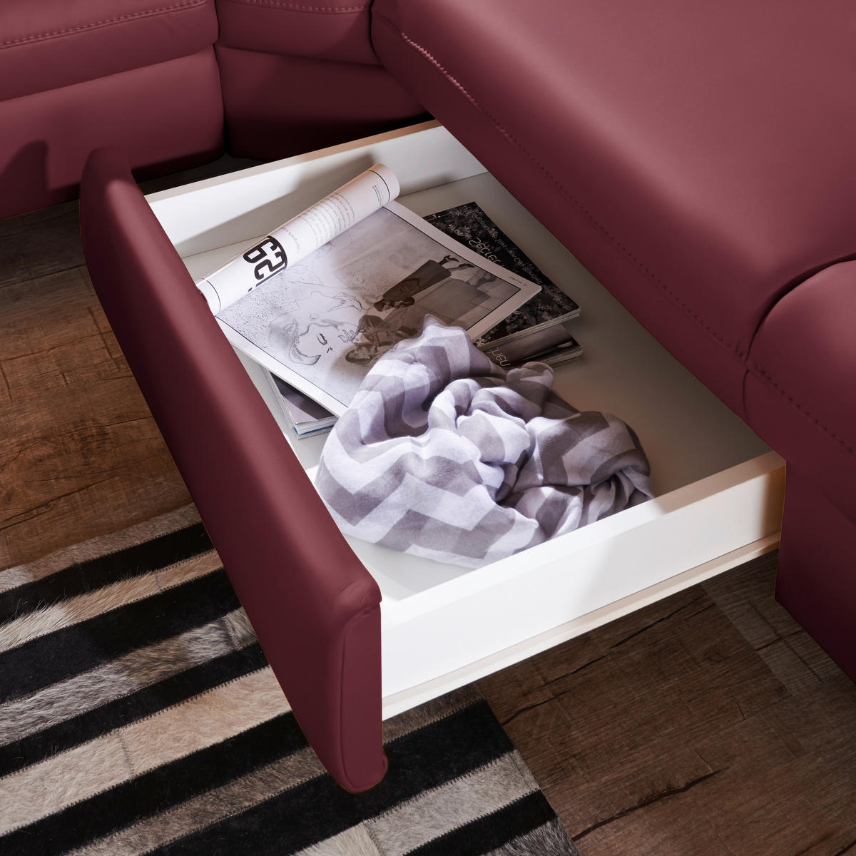 ECKSOFA in Echtleder Weinrot  - Weinrot/Alufarben, Design, Leder/Metall (271/239cm) - Cantus